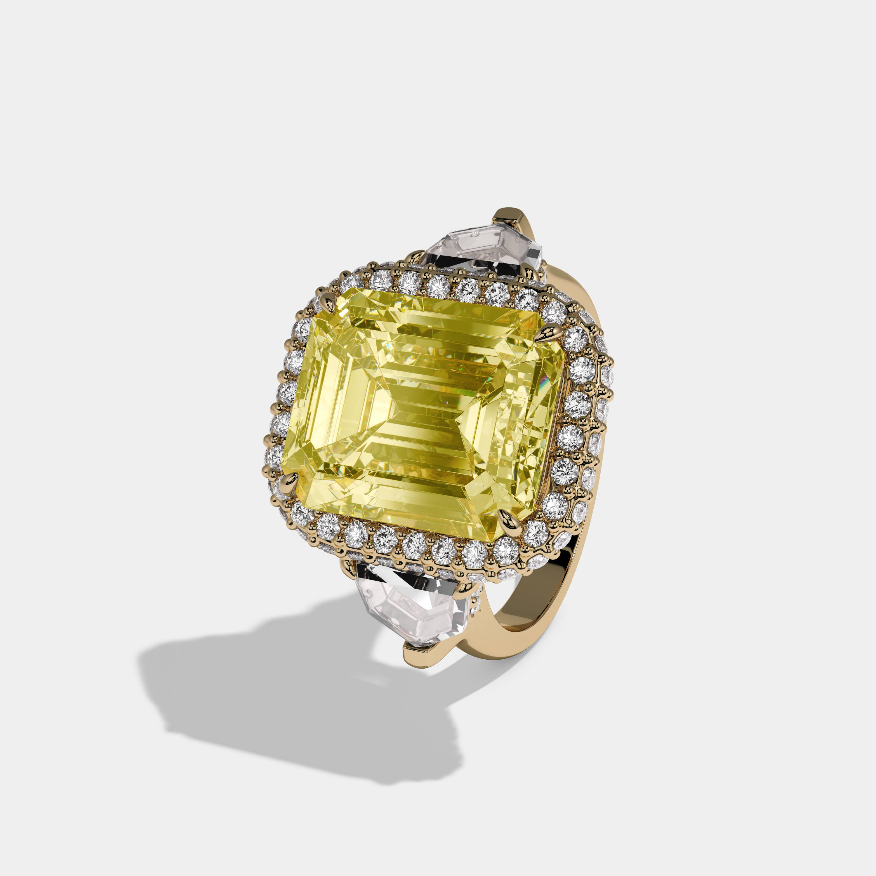 Arabella Fancy Yellow Emerald Cut Diamond Twin Halo With Pentagonal Side Diamond Band Engagement Ring 10ct 18K Yellow Gold