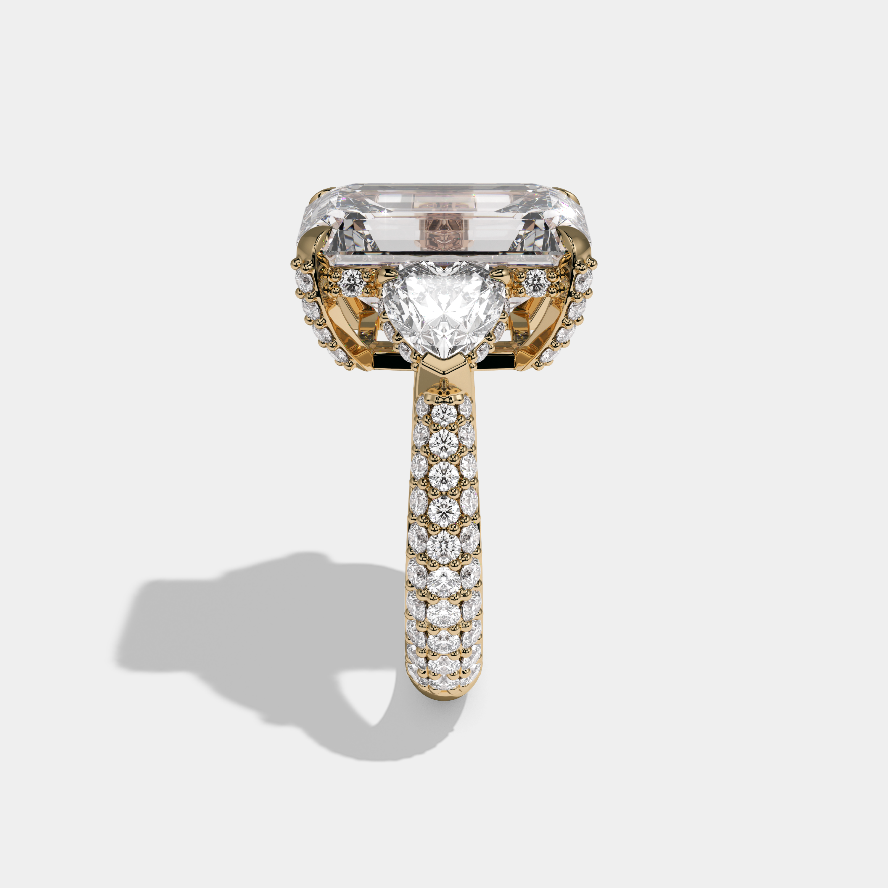 Alice Emerald Cut Diamond Halo Band With Twin Heart Sides Engagement Ring 10ct 18K Yellow Gold