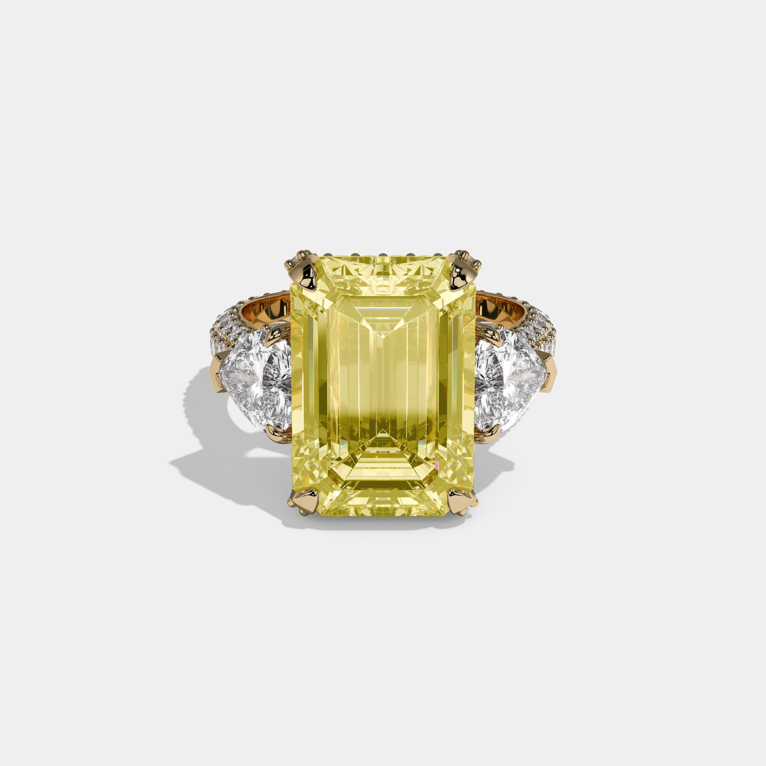 Victoria Fancy Yellow Emerald Cut Diamond Halo Band With Twin Heart Sides Engagement Ring 10ct 18K Yellow Gold