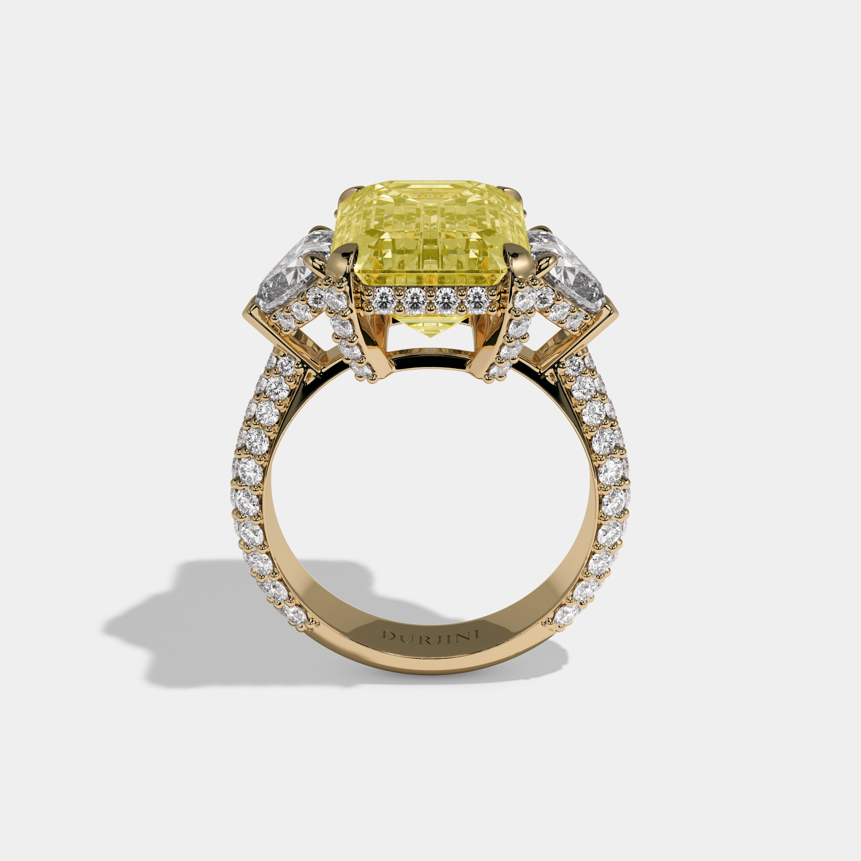 Victoria Fancy Yellow Emerald Cut Diamond Halo Band With Twin Heart Sides Engagement Ring 10ct 18K Yellow Gold