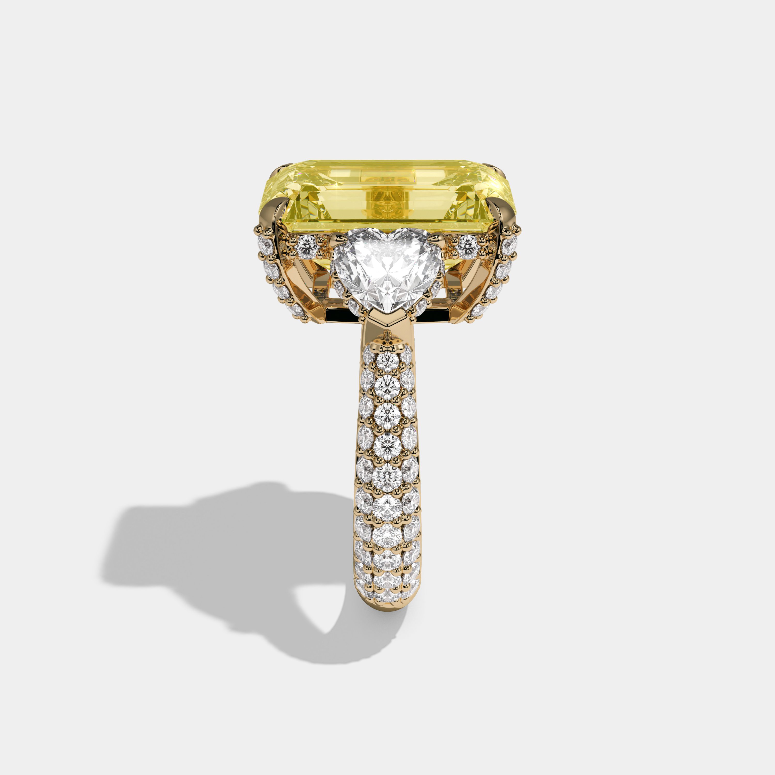 Victoria Fancy Yellow Emerald Cut Diamond Halo Band With Twin Heart Sides Engagement Ring 10ct 18K Yellow Gold