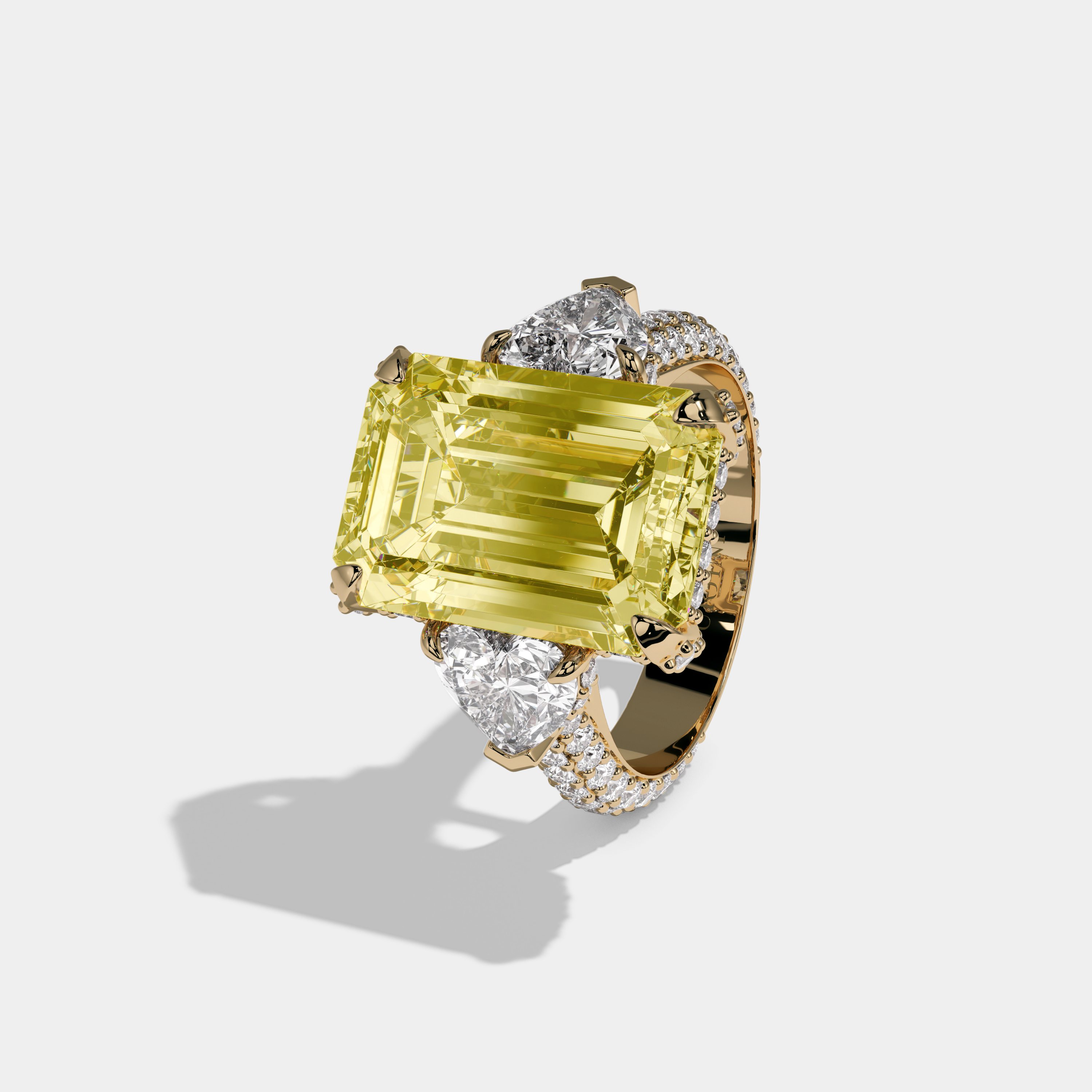 Victoria Fancy Yellow Emerald Cut Diamond Halo Band With Twin Heart Sides Engagement Ring 10ct 18K Yellow Gold