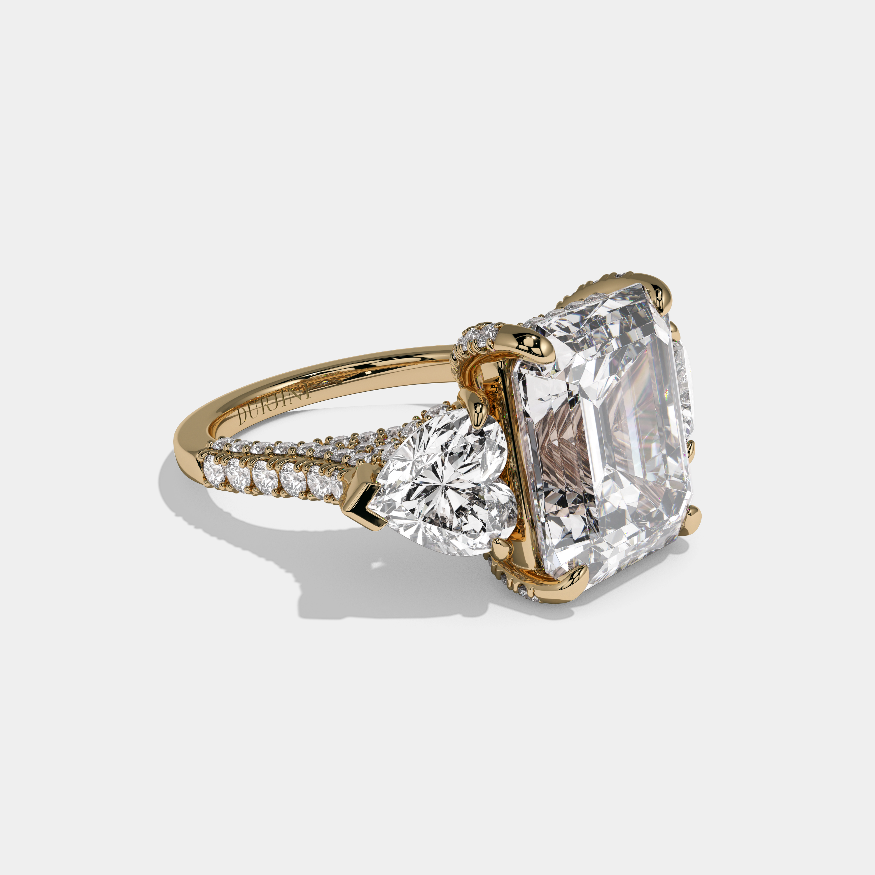 Georgiana Emerald Cut Diamond Halo With Twin Heart Sides Engagement Ring 10ct 18K Yellow Gold