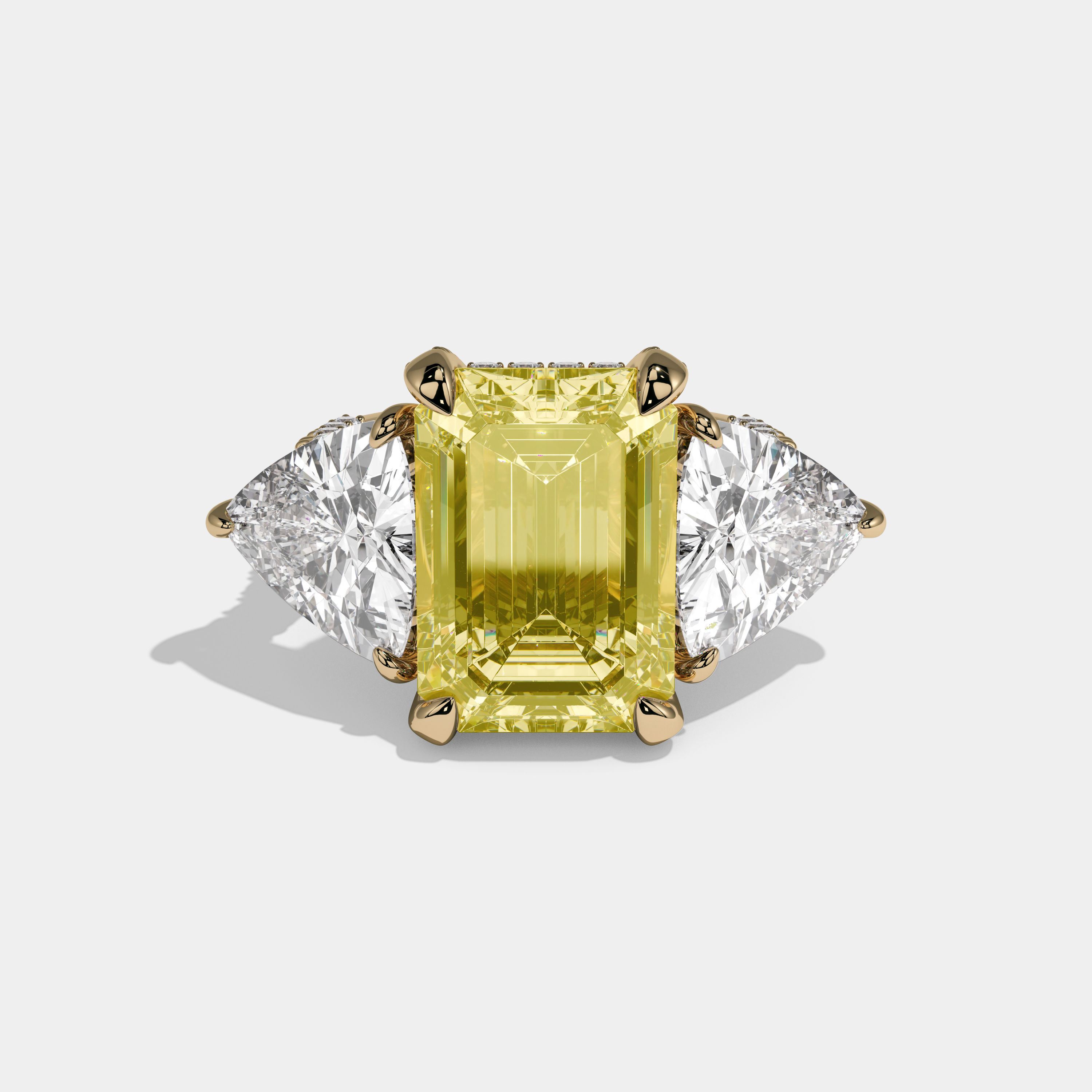 Victoria Fancy Yellow Emerald Cut Diamond Band With Trillion Cut Sides Engagement Ring 10ct 18K Yellow Gold