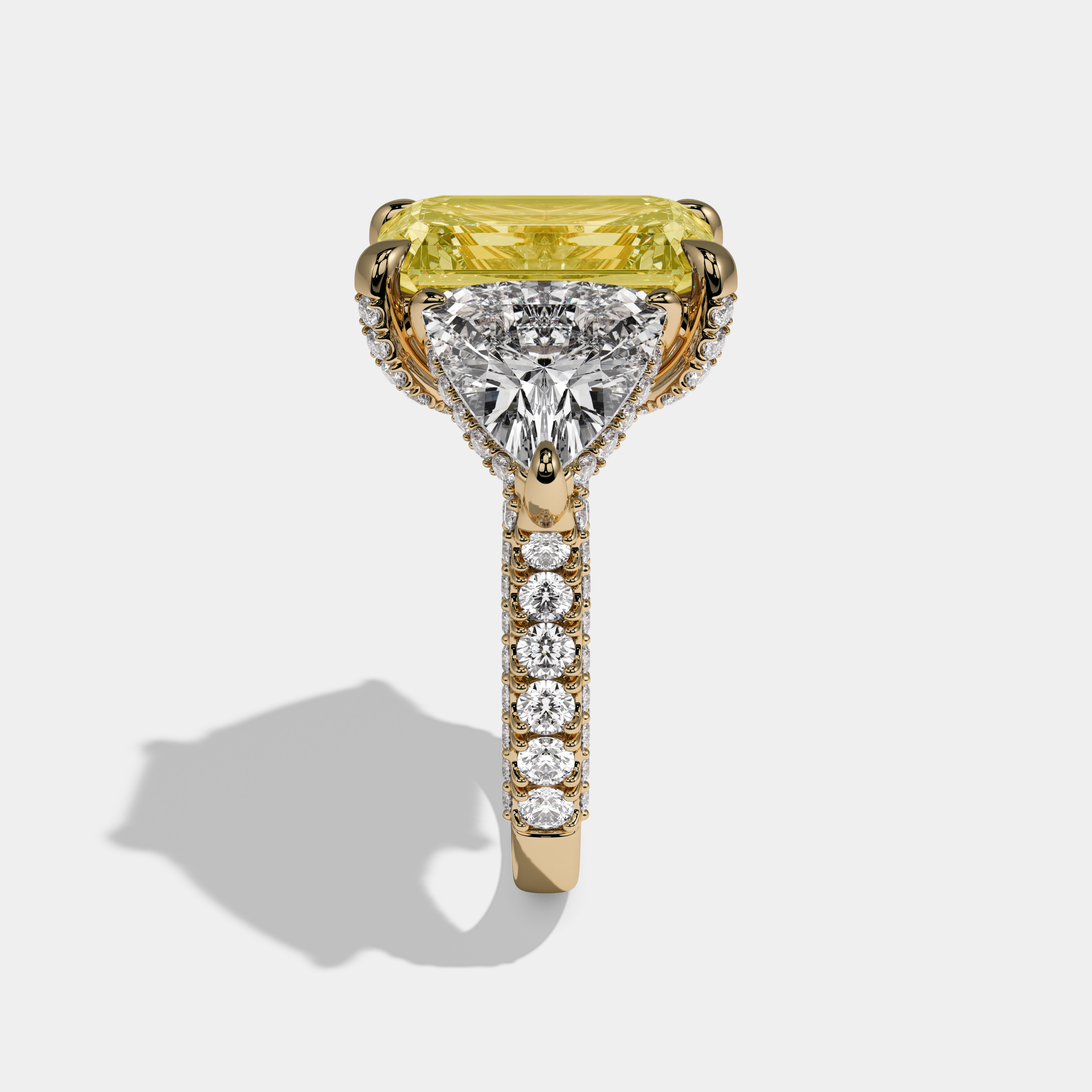 Victoria Fancy Yellow Emerald Cut Diamond Band With Trillion Cut Sides Engagement Ring 10ct 18K Yellow Gold