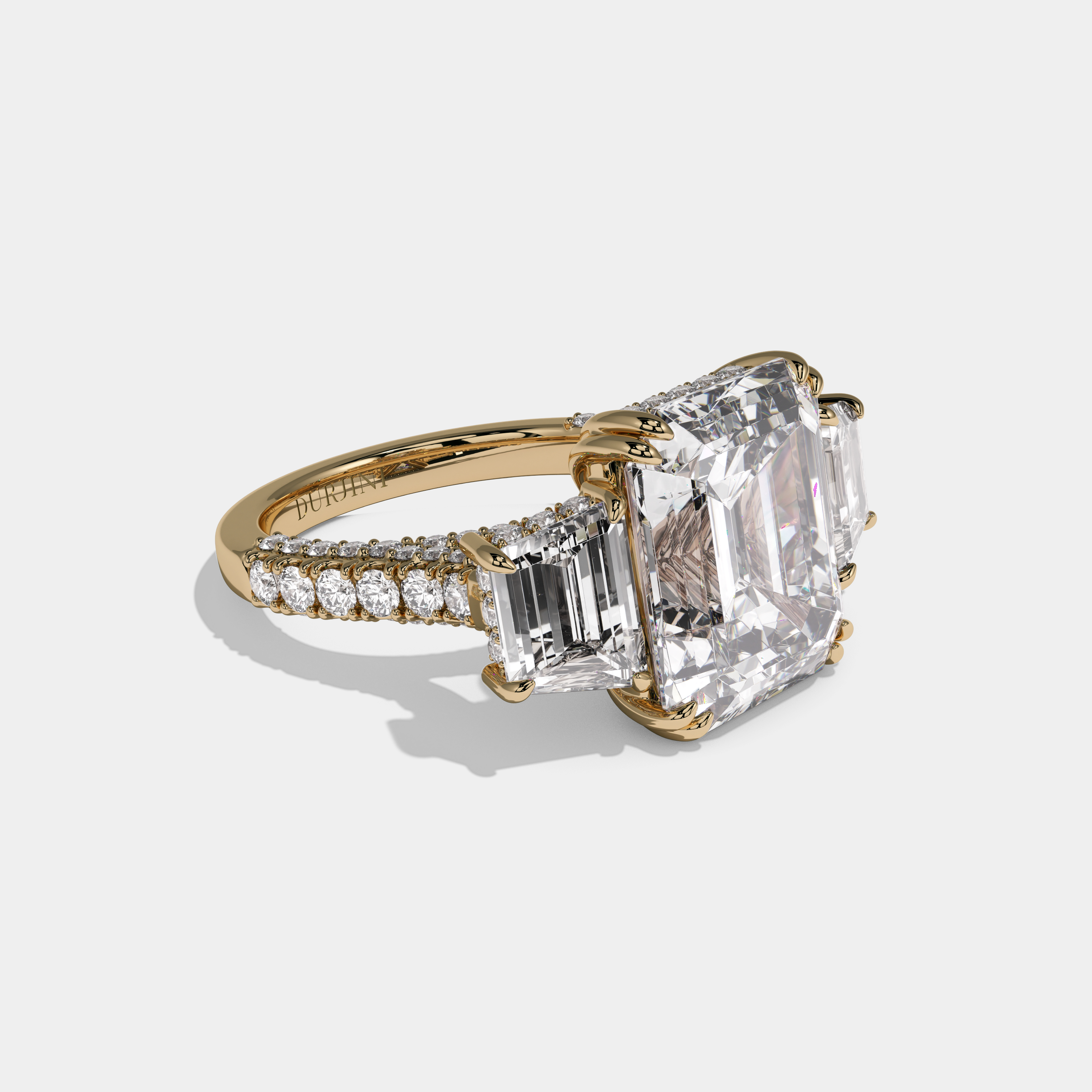 Maud Emerald Cut Diamond Halo With Step Cut Side Diamond Band Engagement Ring 10ct 18K Yellow Gold