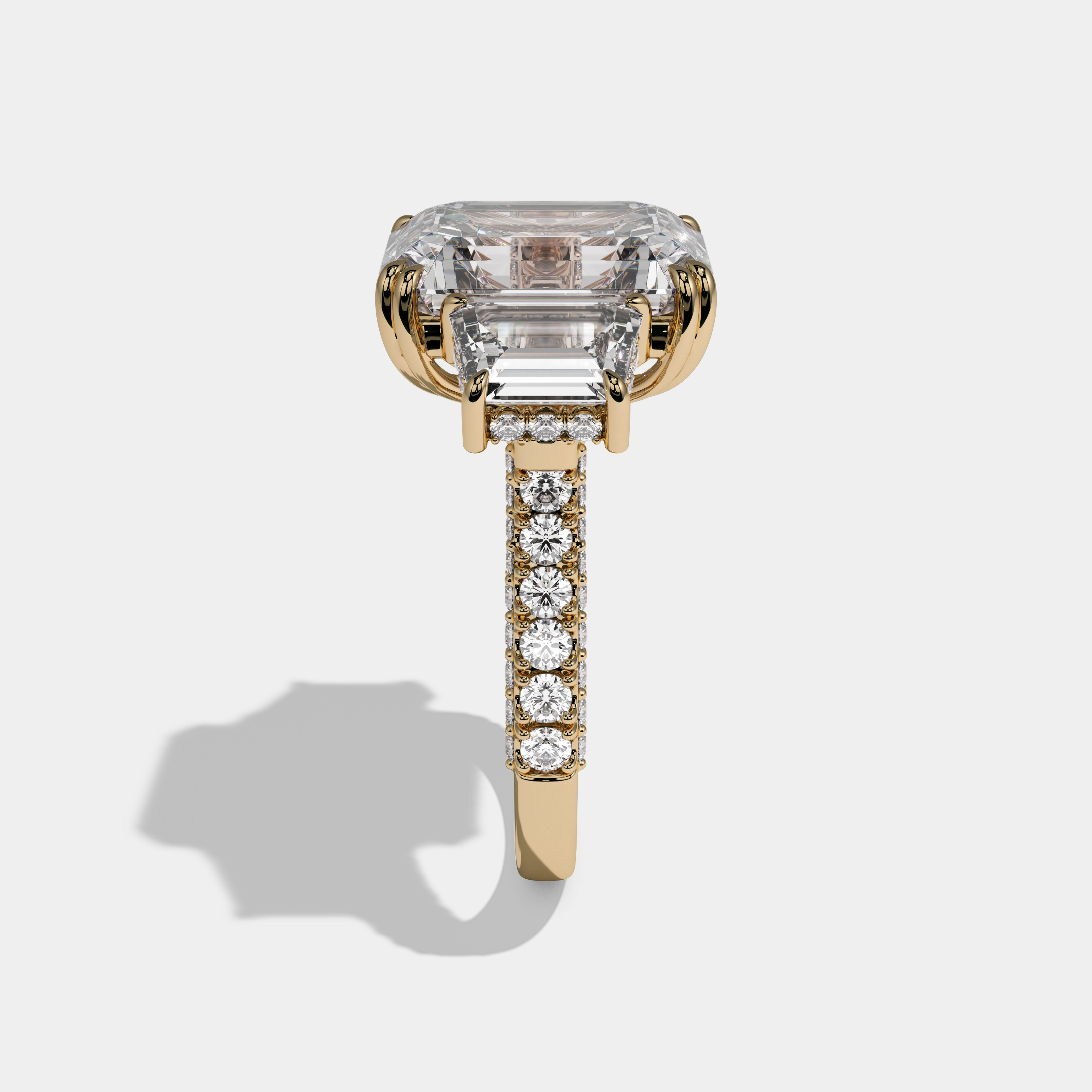 Maud Emerald Cut Diamond Halo With Step Cut Side Diamond Band Engagement Ring 10ct 18K Yellow Gold