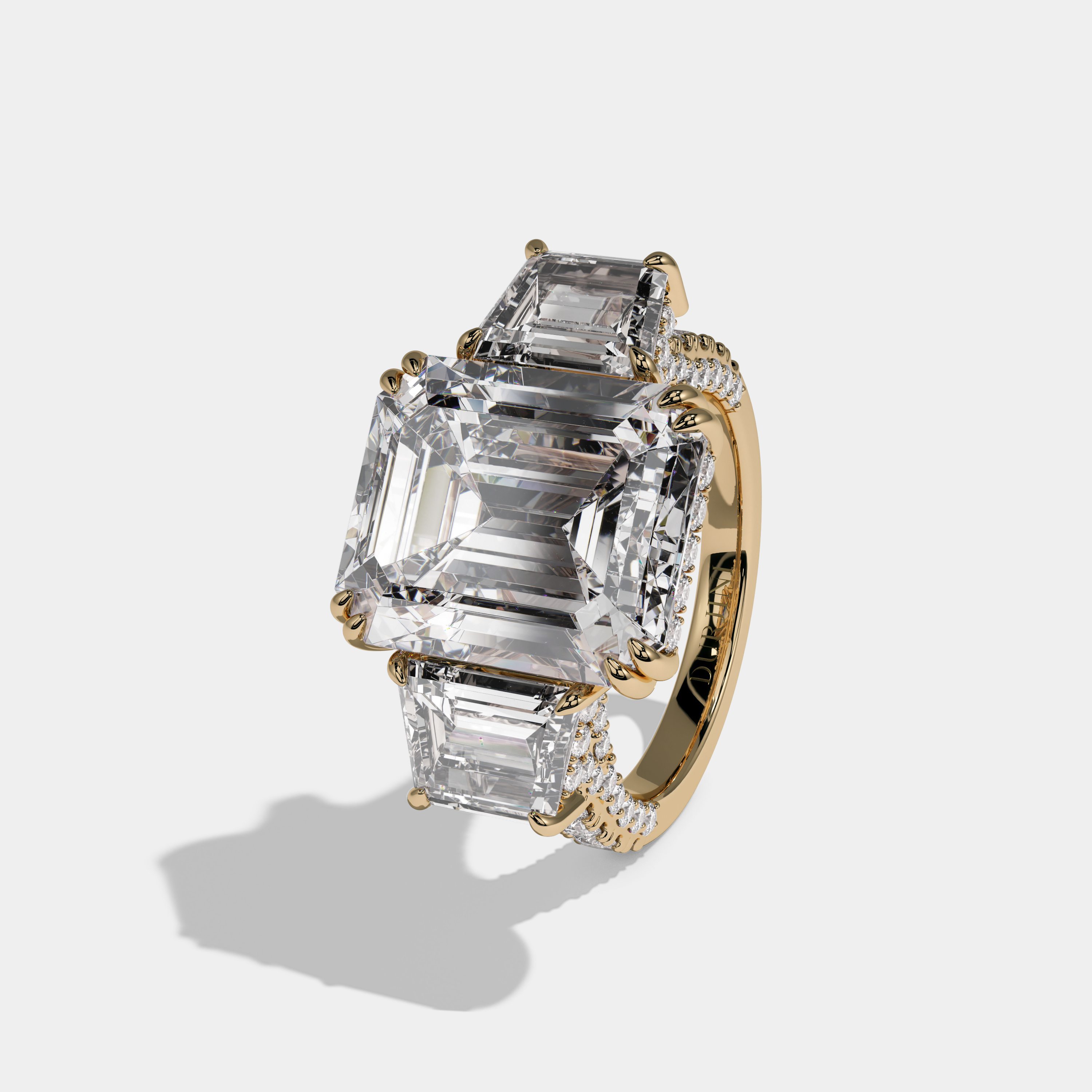 Maud Emerald Cut Diamond Halo With Step Cut Side Diamond Band Engagement Ring 10ct 18K Yellow Gold