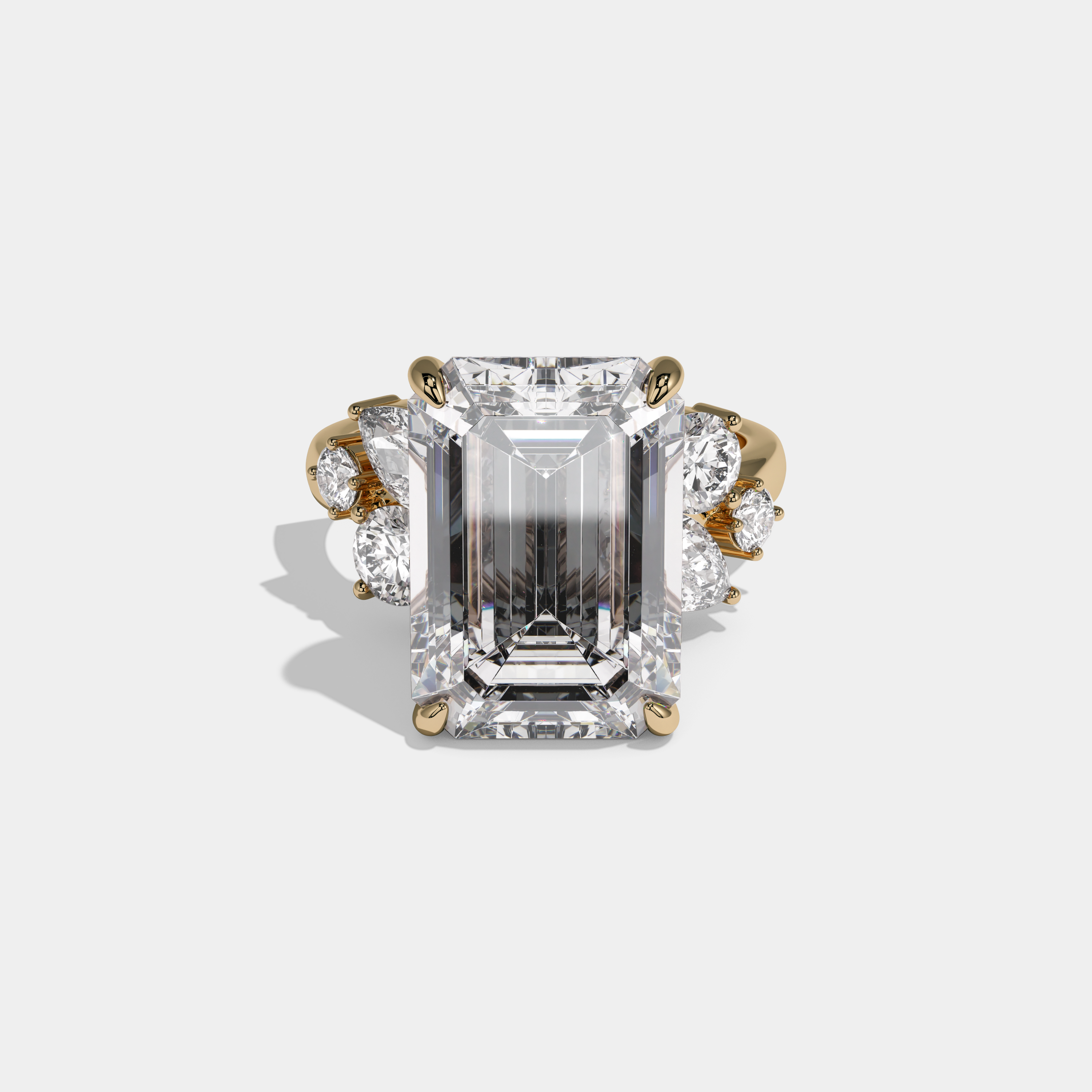 Cecilia Emerald Cut Diamond Halo Band With Twin Pear Sides Engagement Ring 10ct 18K Yellow Gold