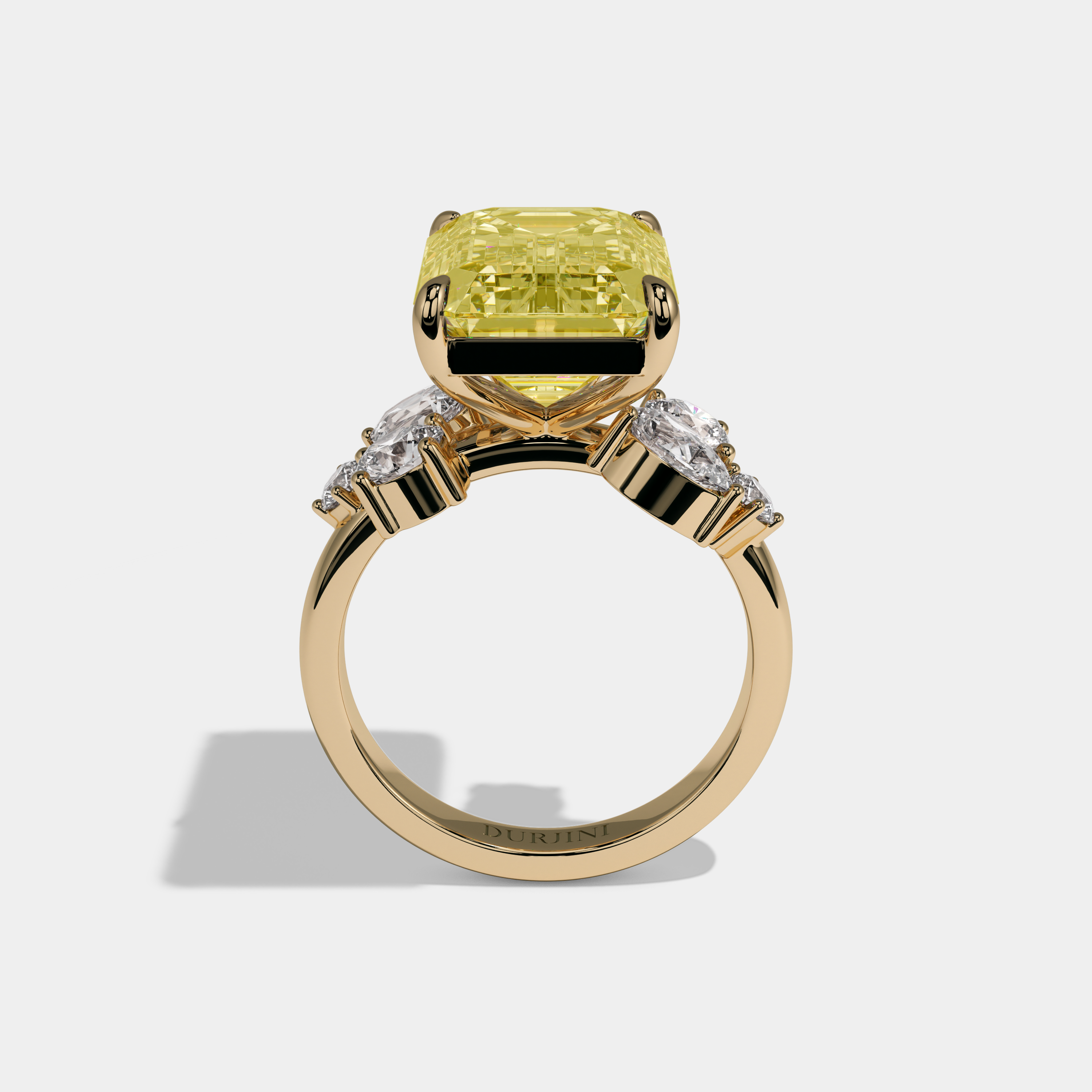 Victoria Fancy Yellow Emerald Cut Diamond Halo Band With Twin Pear Sides Engagement Ring 10ct 18K Yellow Gold