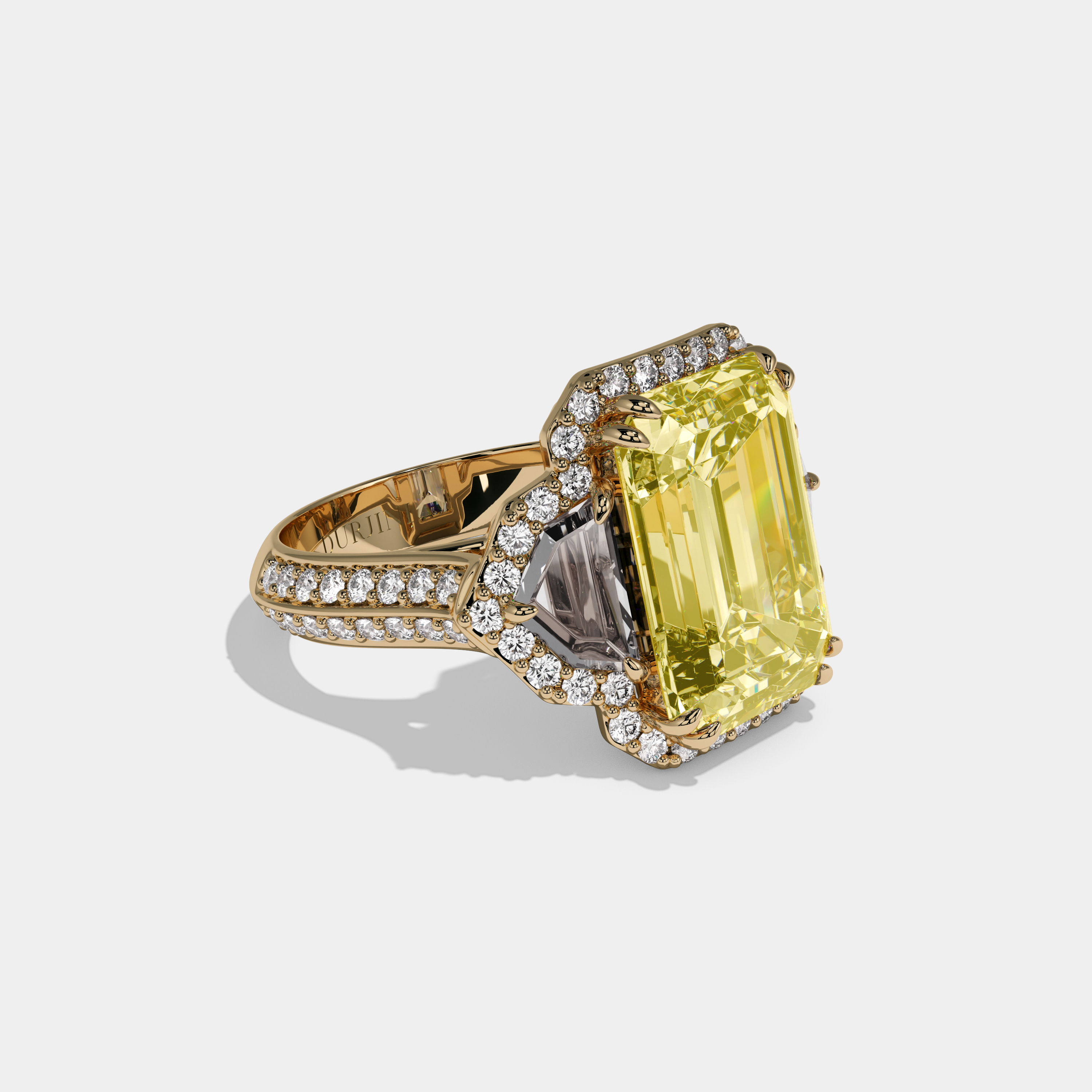 Charlotte Fancy Yellow Emerald Cut Diamond Halo With Pentagon Sides Engagement Ring 10ct 18K Yellow Gold