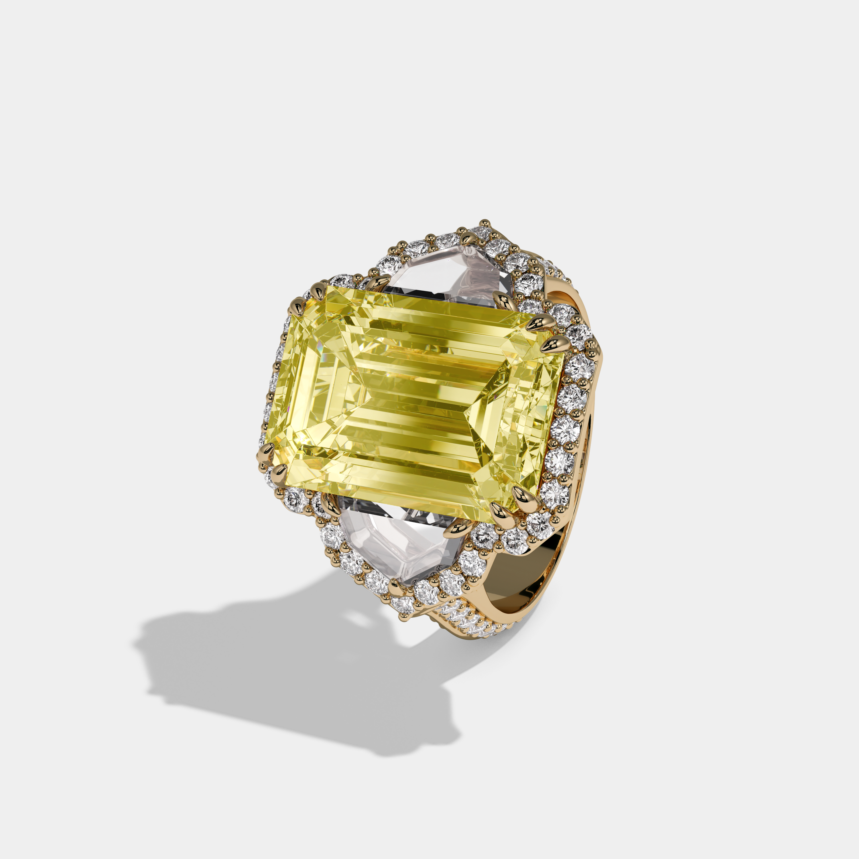 Charlotte Fancy Yellow Emerald Cut Diamond Halo With Pentagon Sides Engagement Ring 10ct 18K Yellow Gold