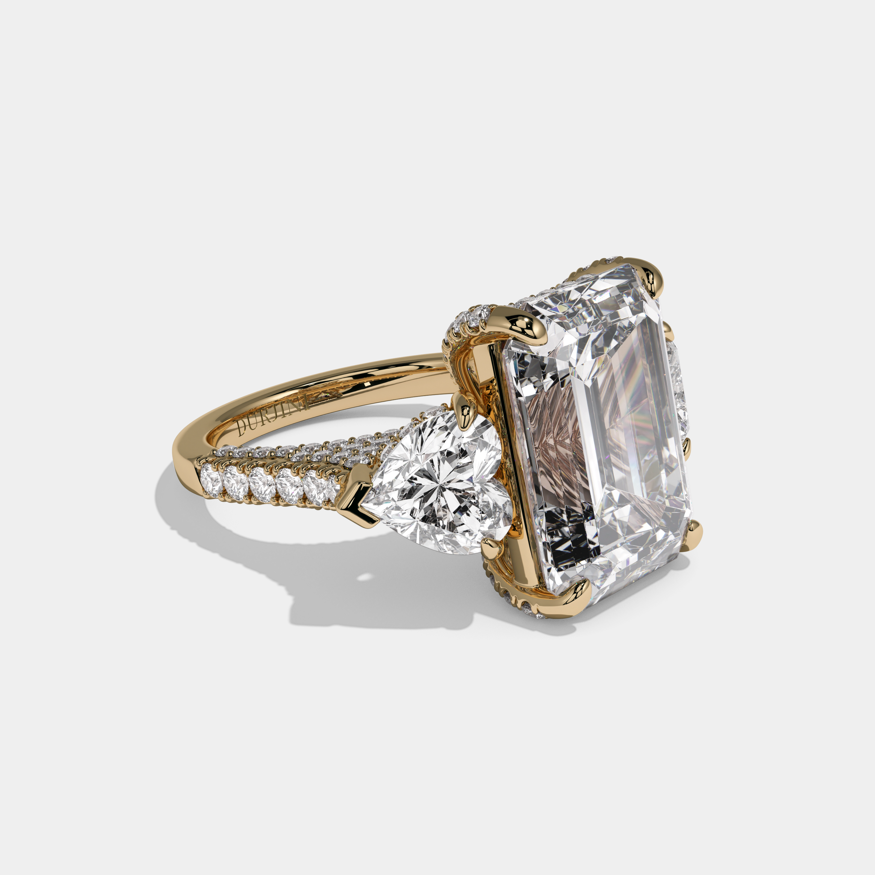 Josephine Emerald Cut Diamond Halo With Twin Heart Sides Engagement Ring 10ct 18K Yellow Gold