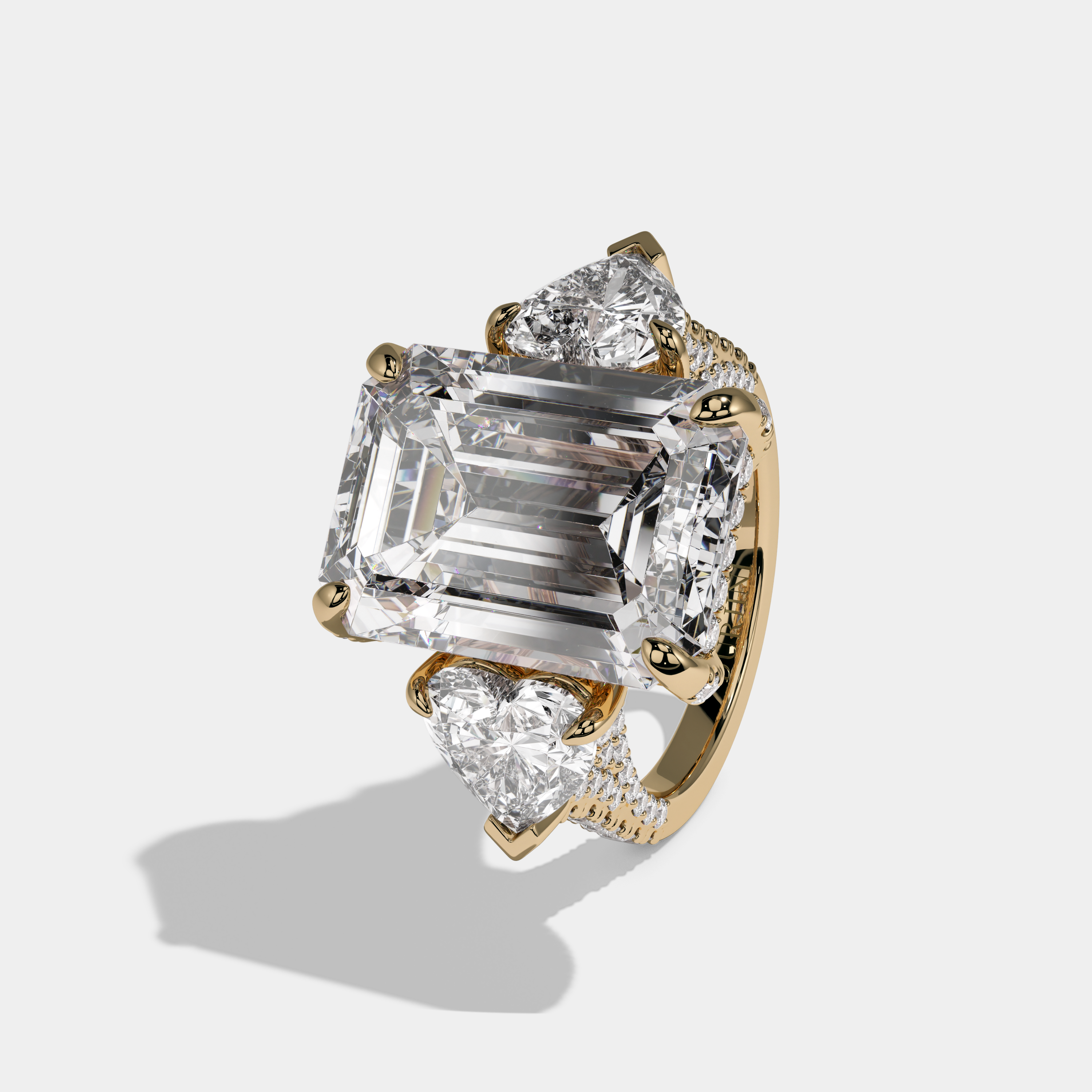 Josephine Emerald Cut Diamond Halo With Twin Heart Sides Engagement Ring 10ct 18K Yellow Gold