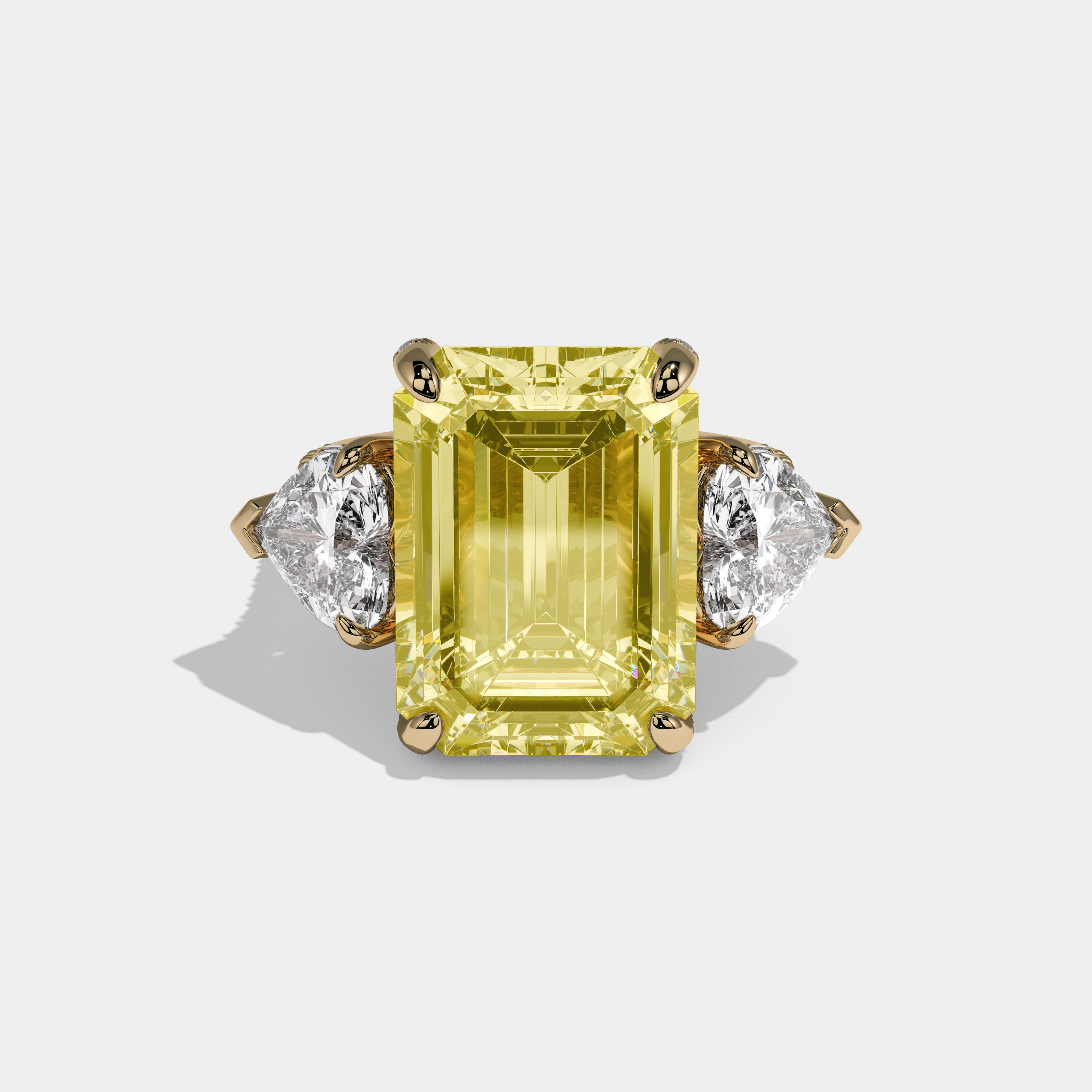 Diana Fancy Yellow Emerald Cut Diamond Halo With Twin Heart Sides Engagement Ring 10ct 18K Yellow Gold