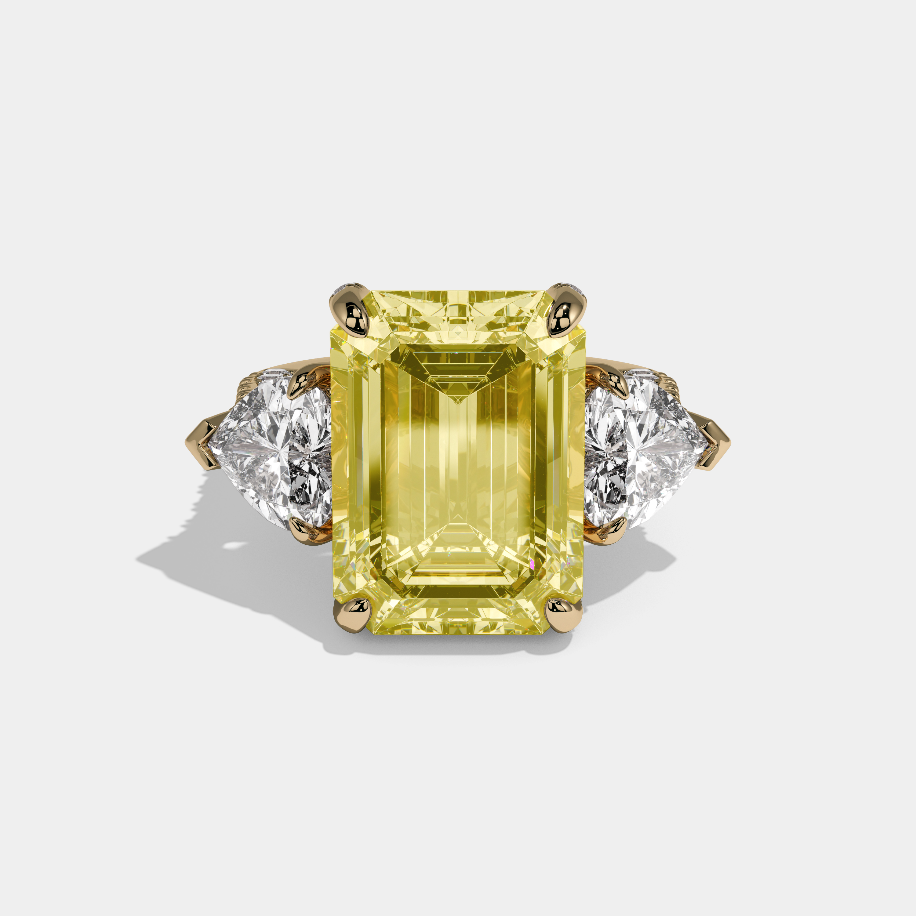 Elizabeth Fancy Yellow Emerald Cut Diamond Band With Heart Sides Engagement Ring 10ct 18K Yellow Gold