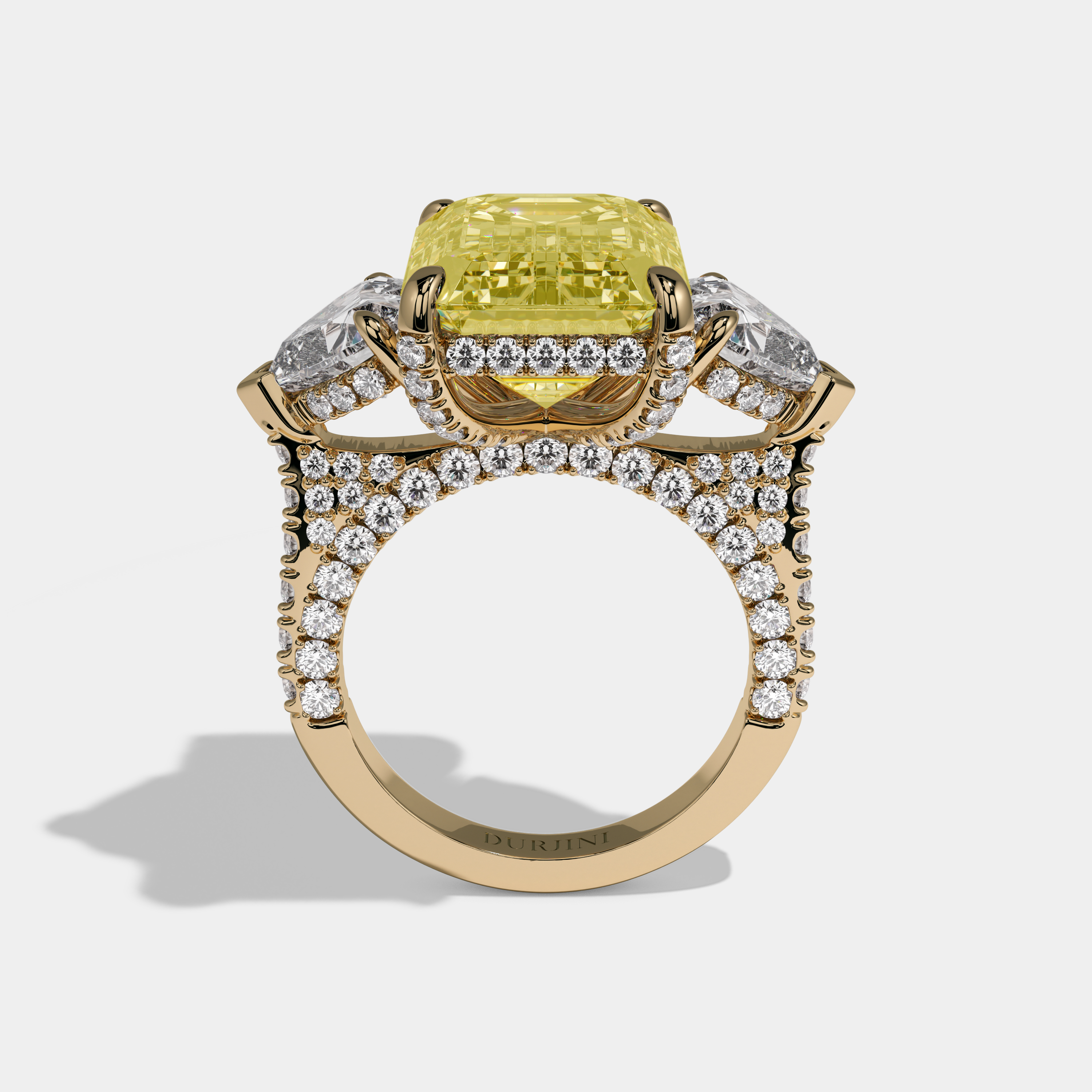 Elizabeth Fancy Yellow Emerald Cut Diamond Band With Heart Sides Engagement Ring 10ct 18K Yellow Gold