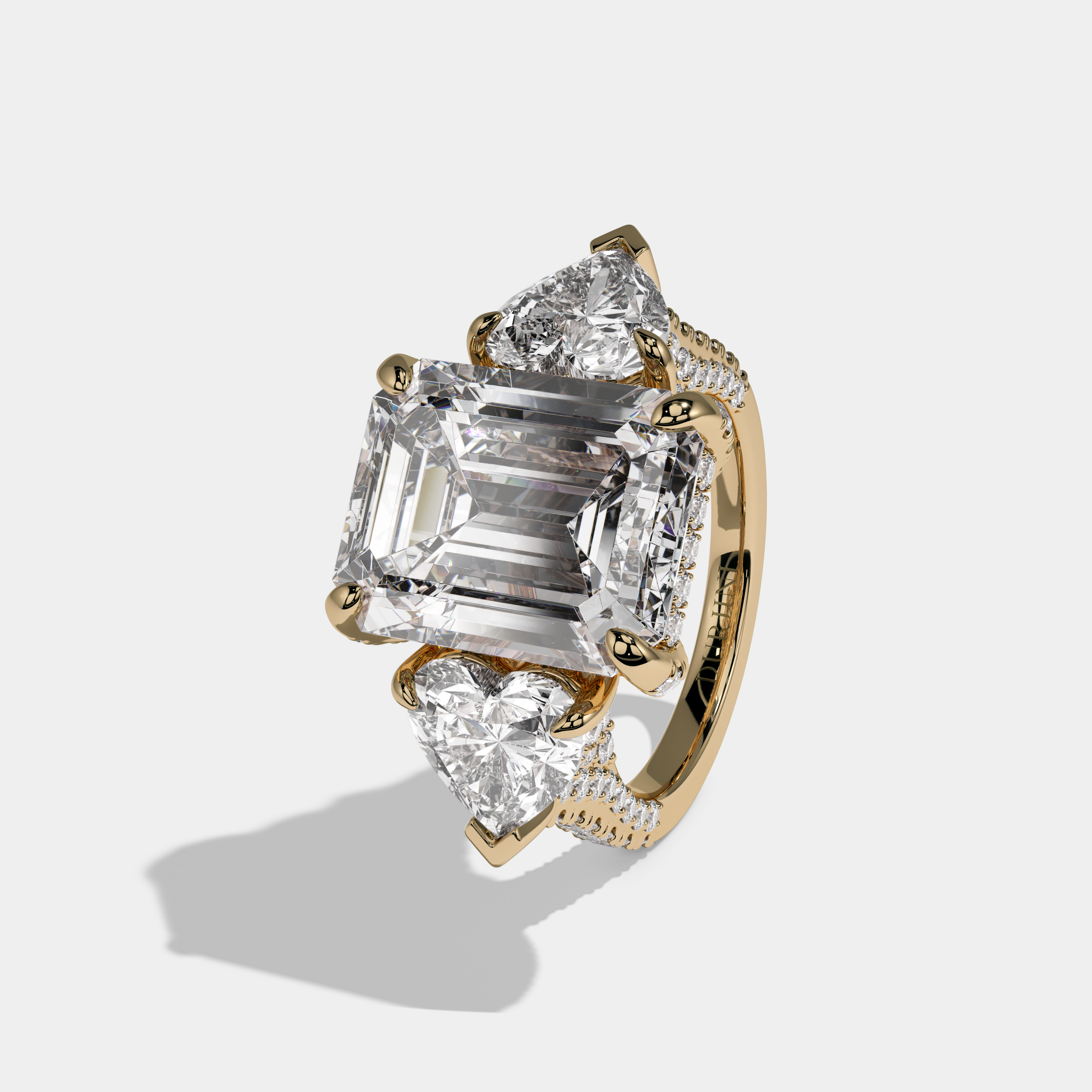 Clementina Emerald Cut Diamond Halo With Heart Sides & Diamond Band Engagement Ring 10ct 18K Yellow Gold