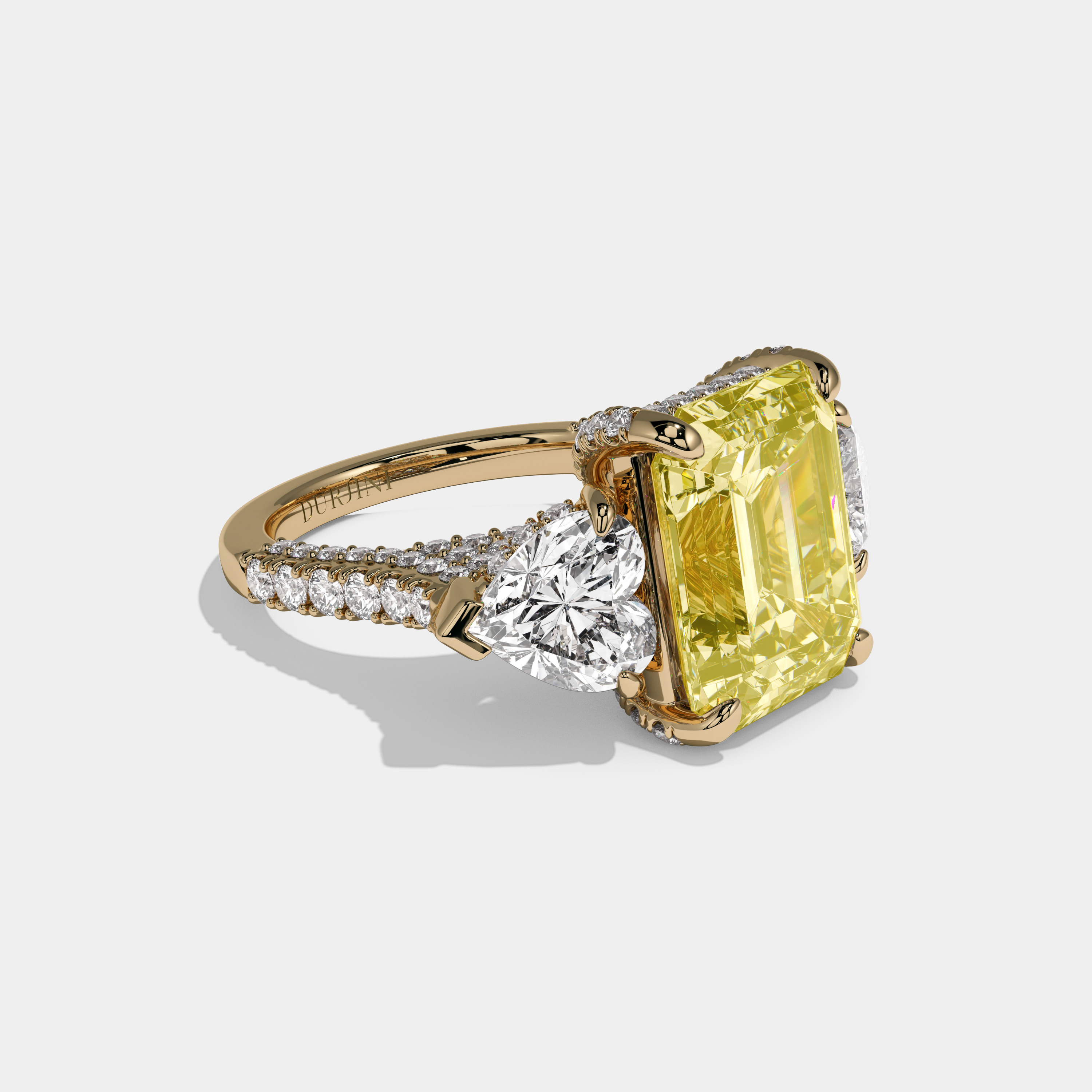 Victoria Fancy Yellow Emerald Cut Diamond Halo With Heart Sides & Diamond Band Engagement Ring 10ct 18K Yellow Gold