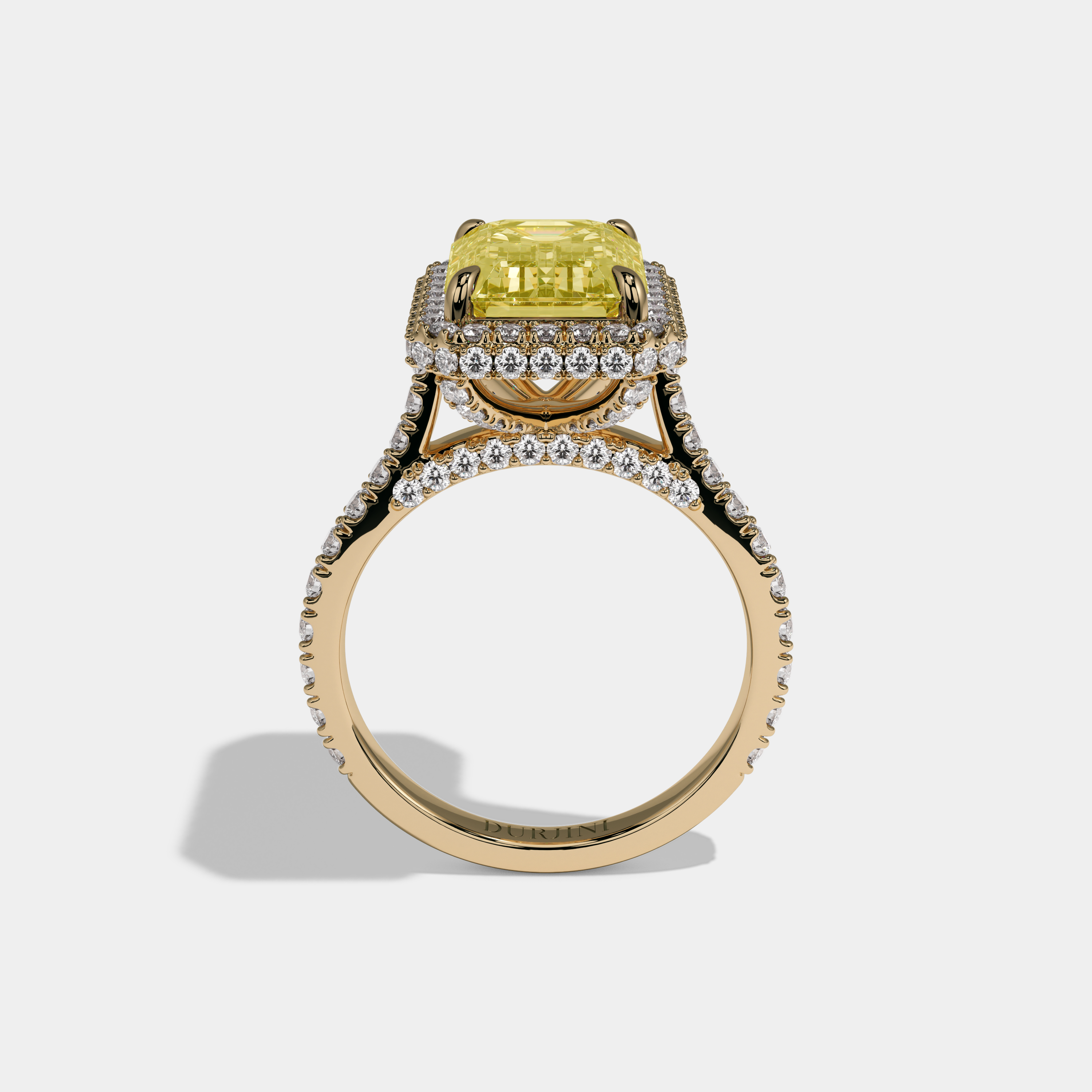 Arabella Fancy Yellow Emerald Cut Diamond Double Halo Band Engagement Ring 8ct 18K Yellow Gold