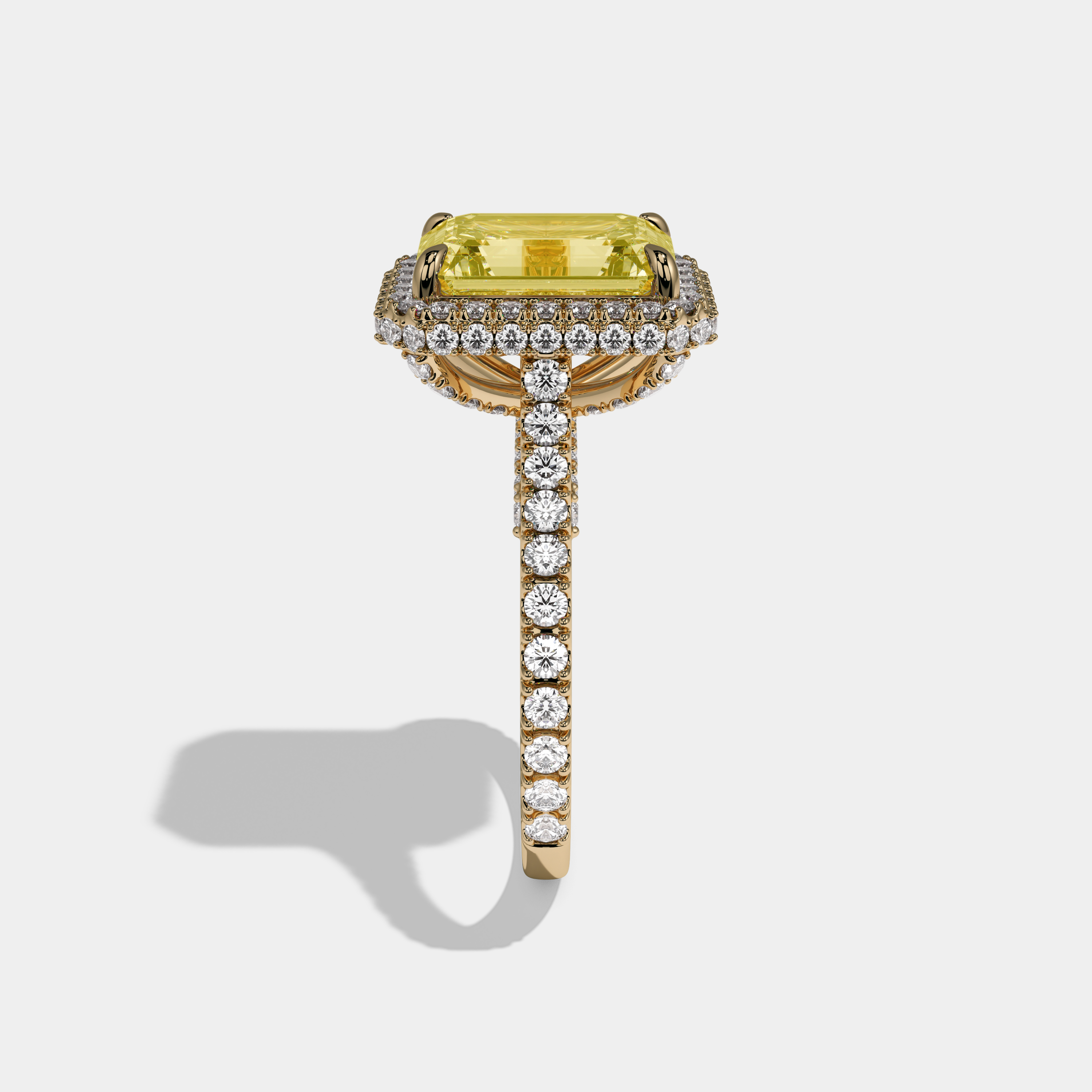 Arabella Fancy Yellow Emerald Cut Diamond Double Halo Band Engagement Ring 8ct 18K Yellow Gold