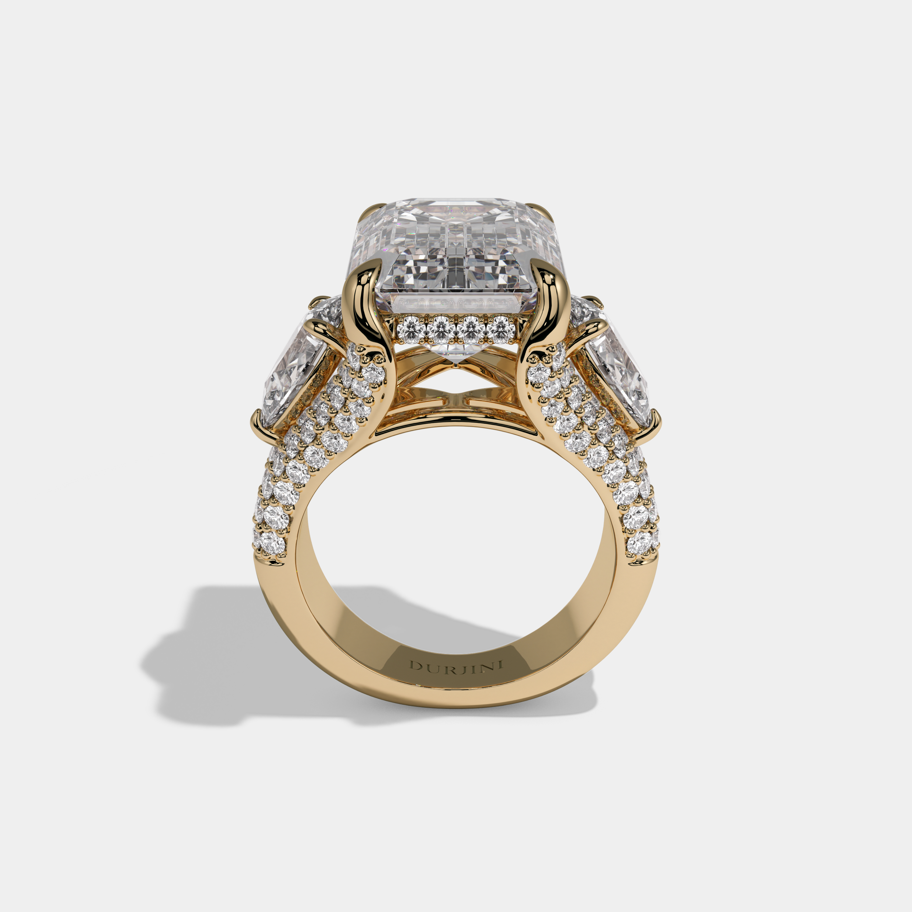 Frances Emerald Cut Cathedral Set Diamond Halo With Pear Sides Engagement Ring 10ct 18K Yellow Gold