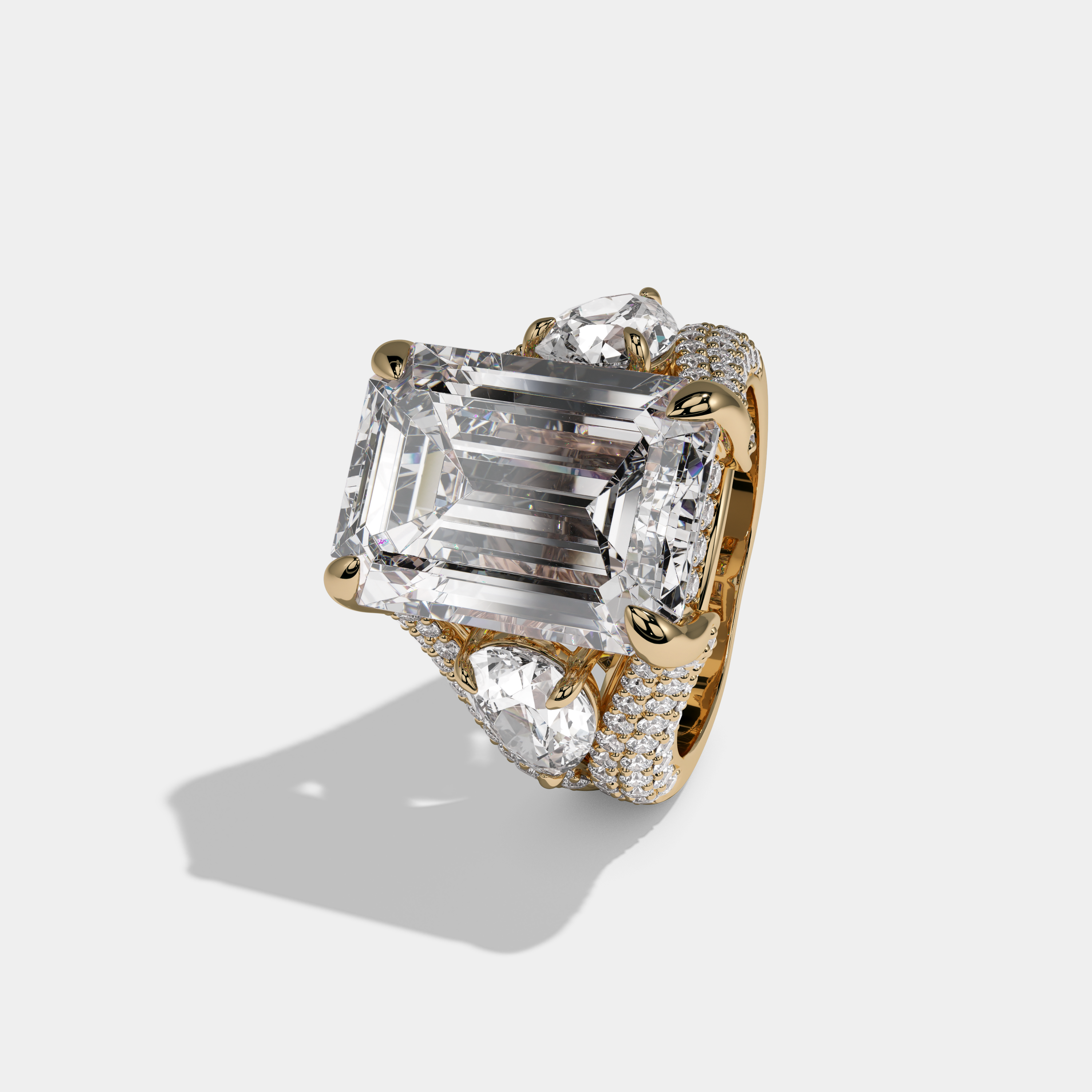 Frances Emerald Cut Cathedral Set Diamond Halo With Pear Sides Engagement Ring 10ct 18K Yellow Gold