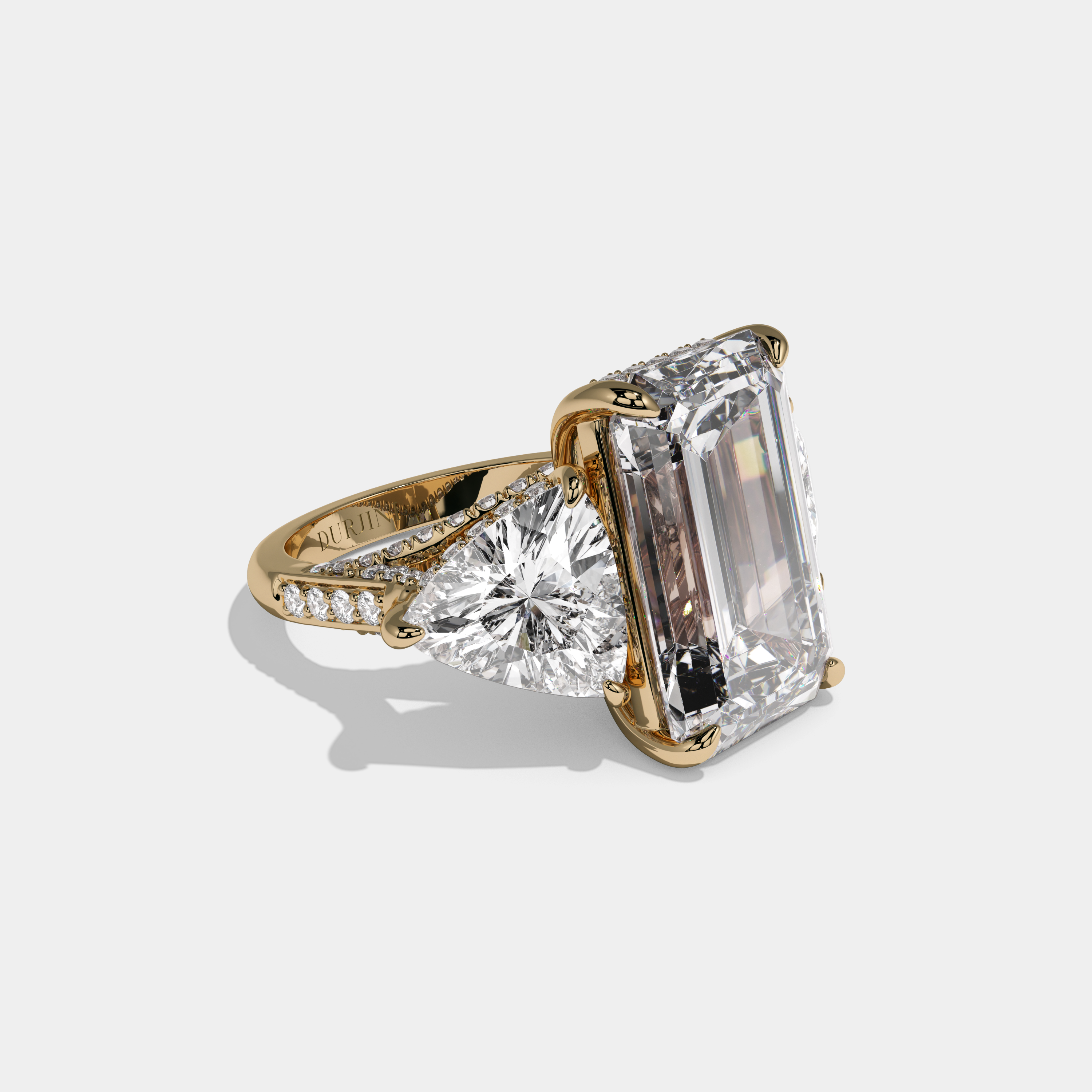 Edith Emerald Cut Diamond Halo With Twin Trillion Cut Sides Engagement Ring 10ct 18K Yellow Gold