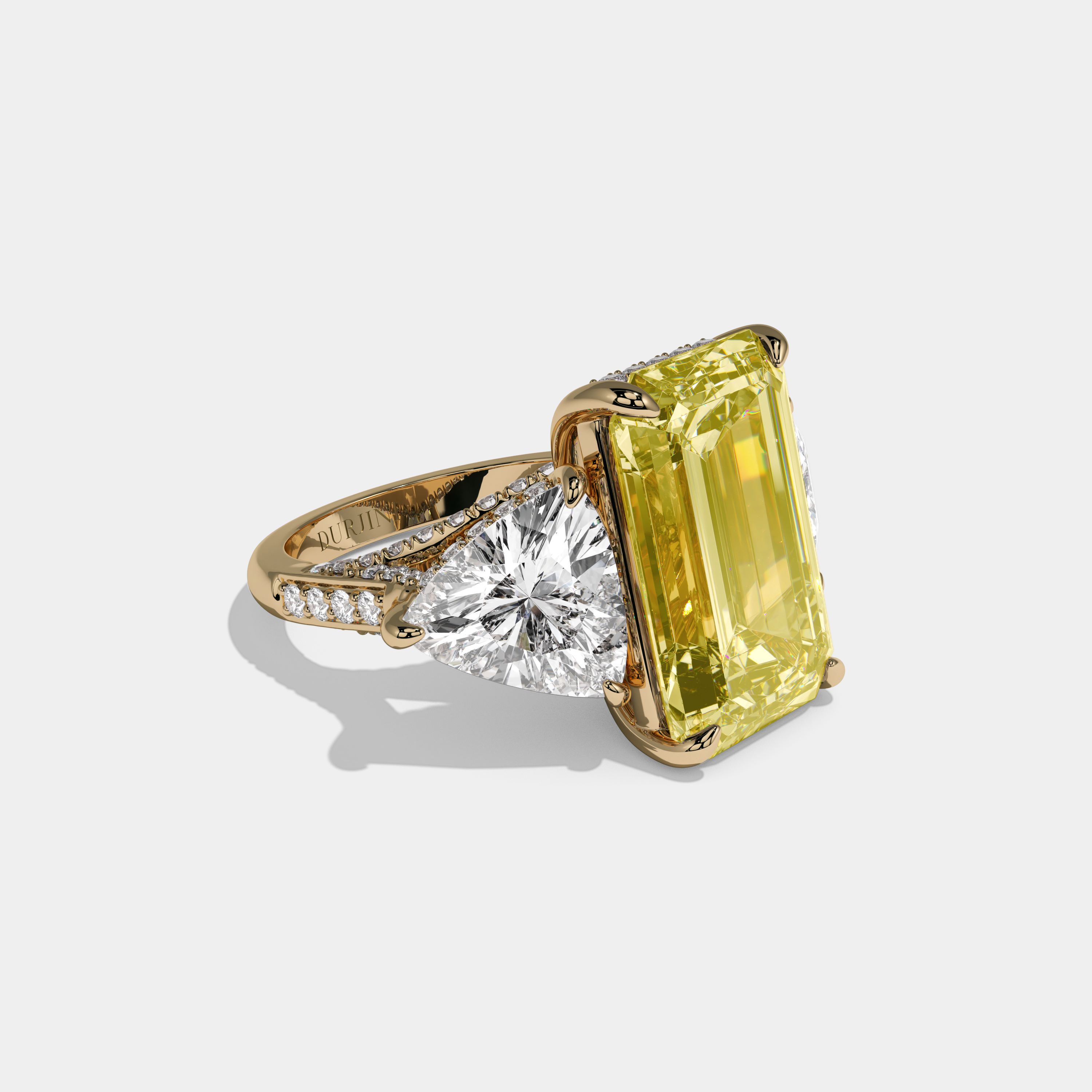 Arabella Fancy Yellow Emerald Cut Diamond Halo With Twin Trillion Cut Sides Engagement Ring 10ct 18K Yellow Gold