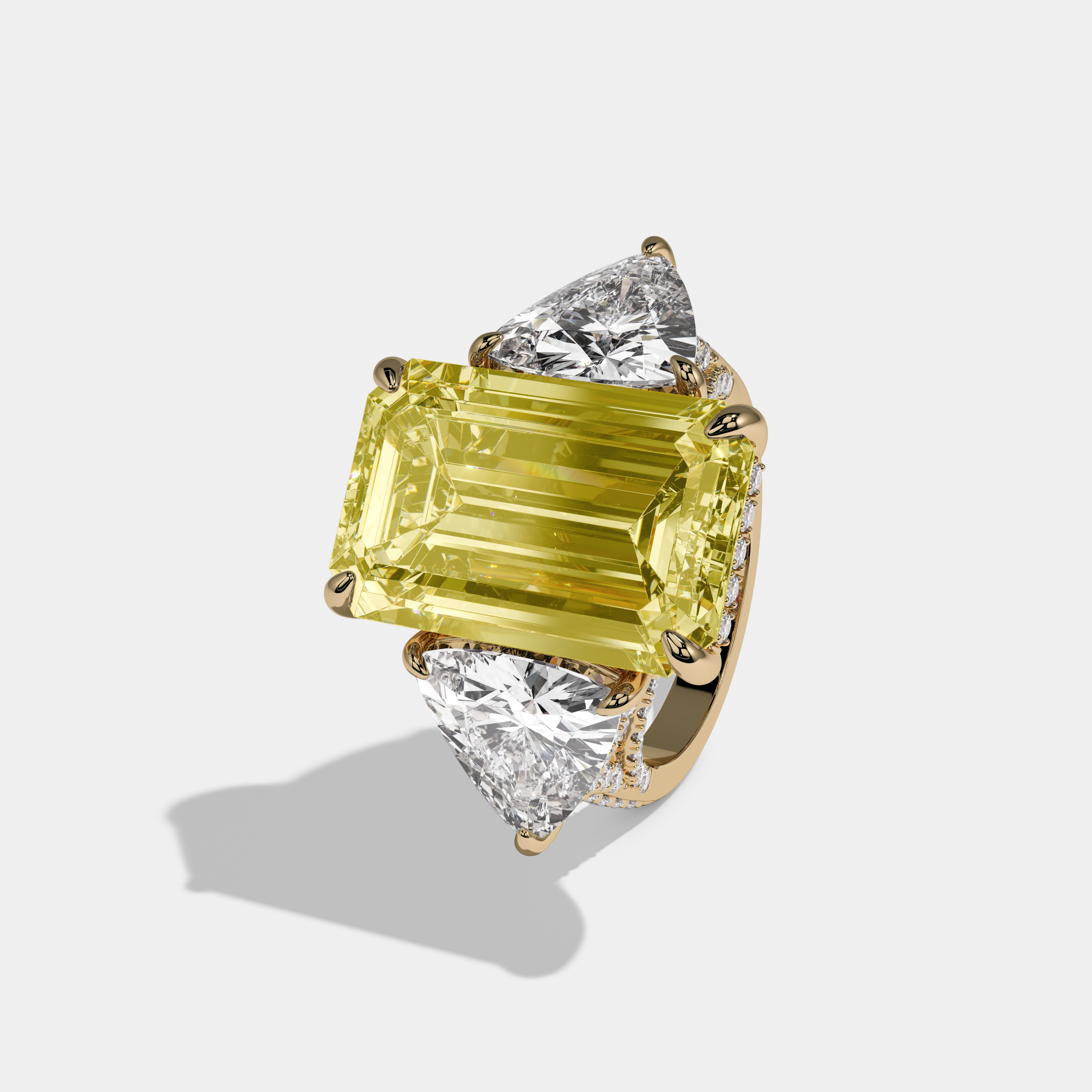 Arabella Fancy Yellow Emerald Cut Diamond Halo With Twin Trillion Cut Sides Engagement Ring 10ct 18K Yellow Gold