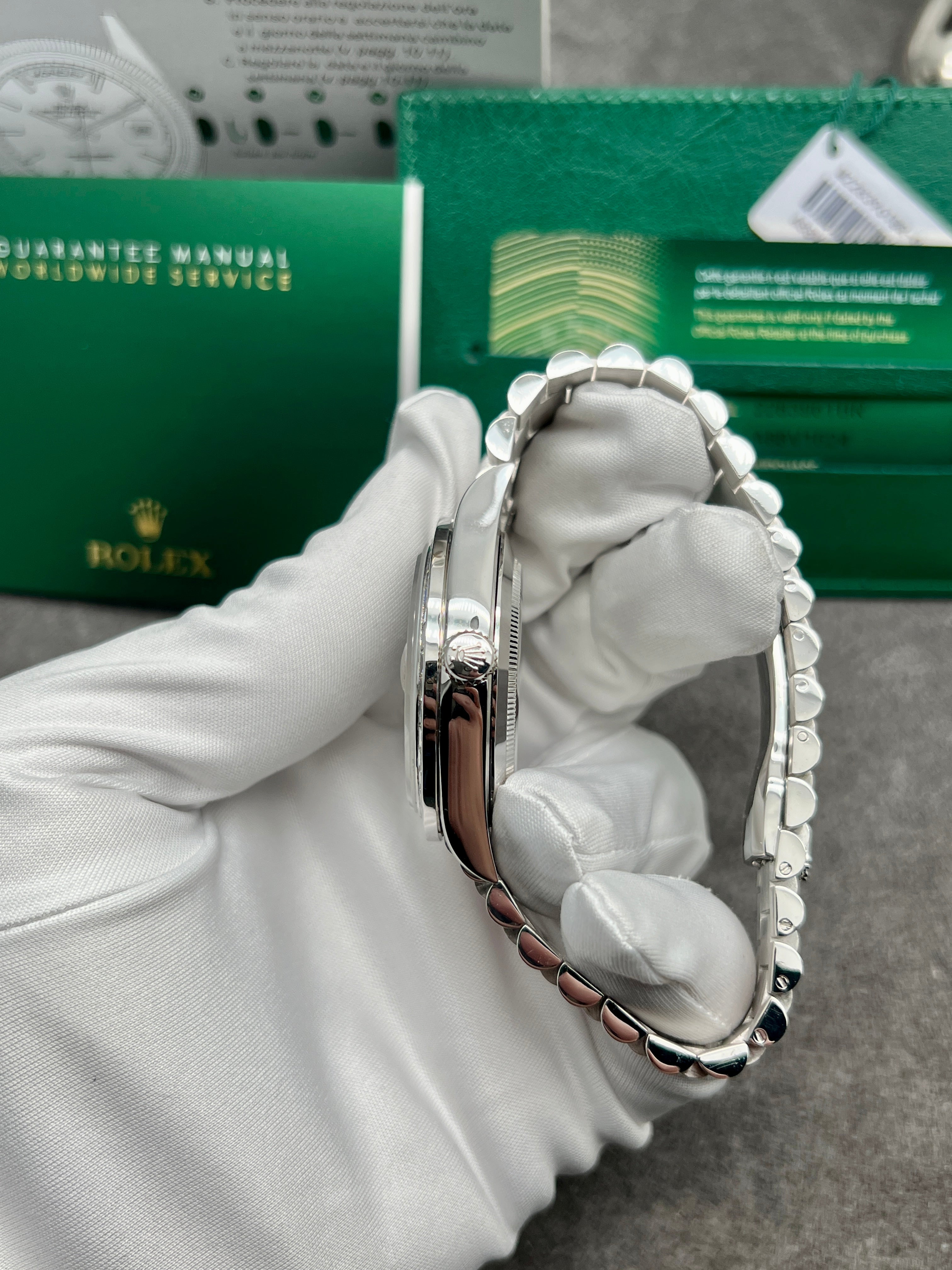 Rolex Day-Date 40, President Bracelet, Platinum, Diamond-Paved Sapphire Dial