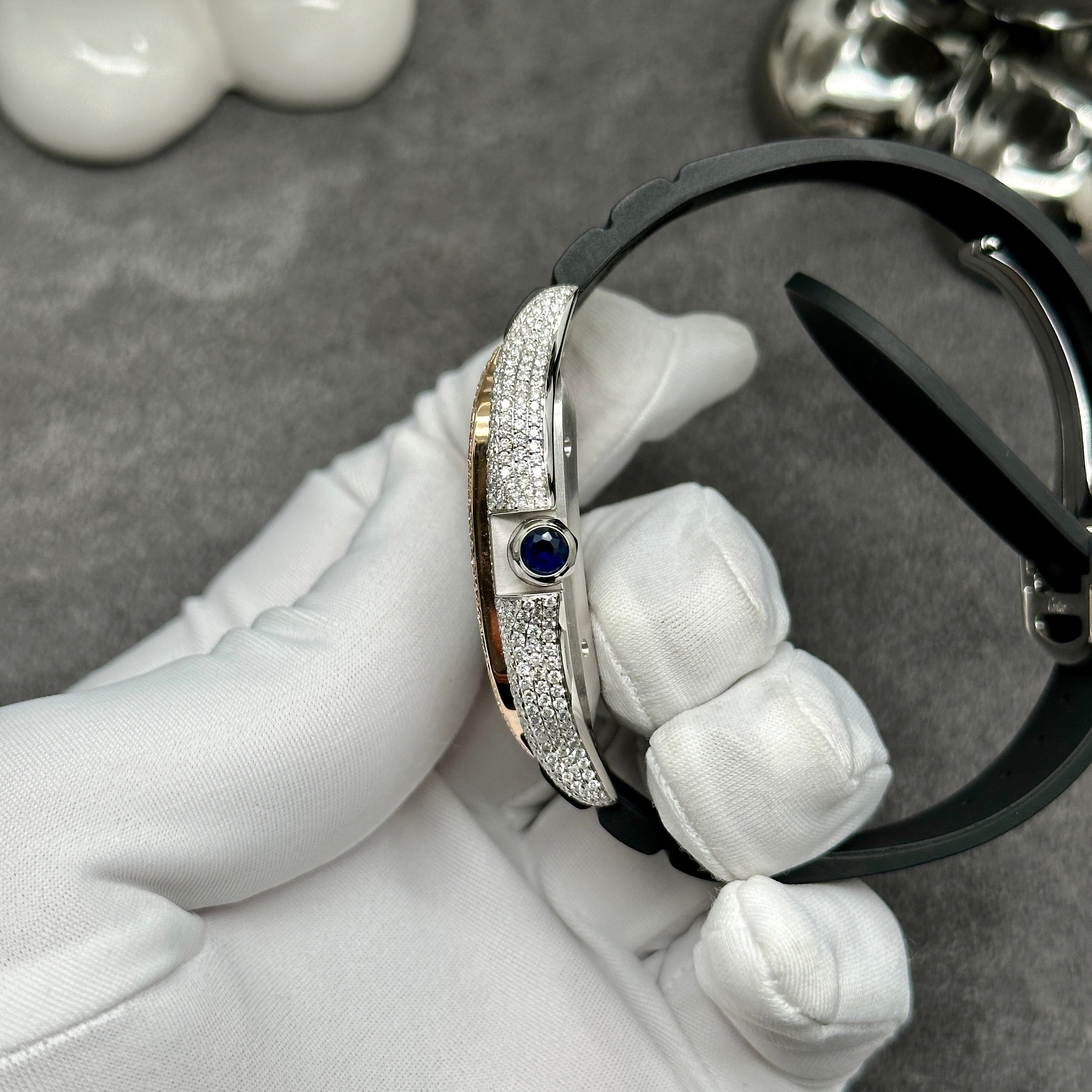 Custom Cartier Santos XL Diamond Pave Set w/Leather Band