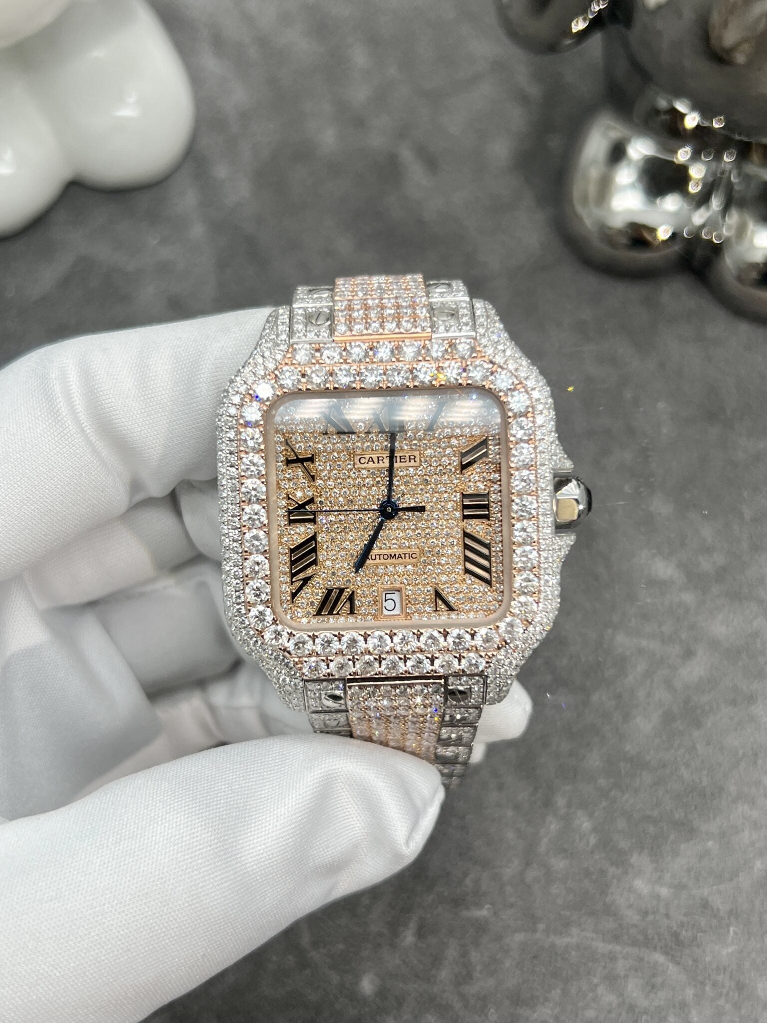 Cartier Santos Two Tone Diamond Large Automatic Steel Bracelet/Strap Watch