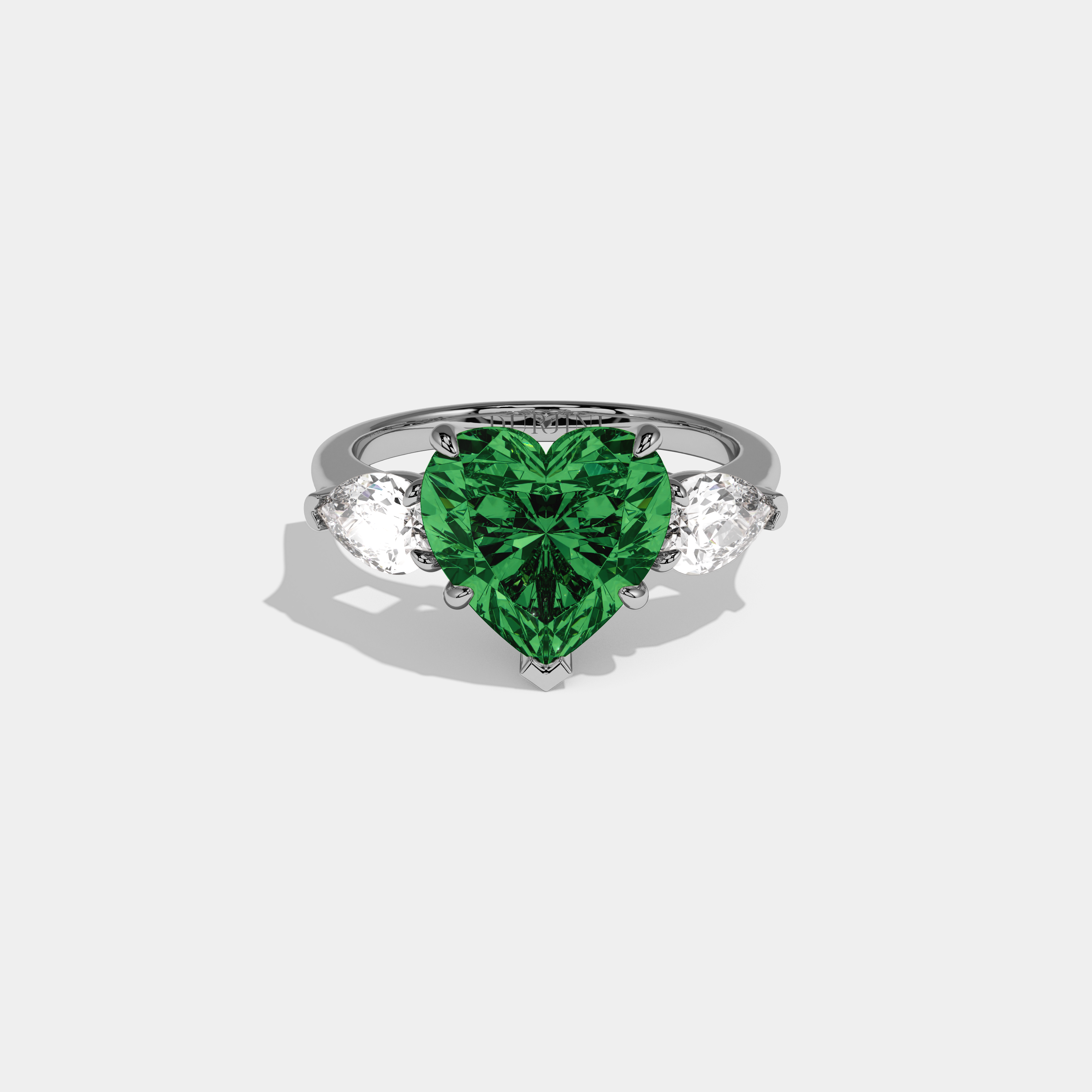 Alexandra Fancy Dark Green Heart Cut Diamond Plain Band With Pear Cut Sides Engagement Ring 8ct 18K White Gold