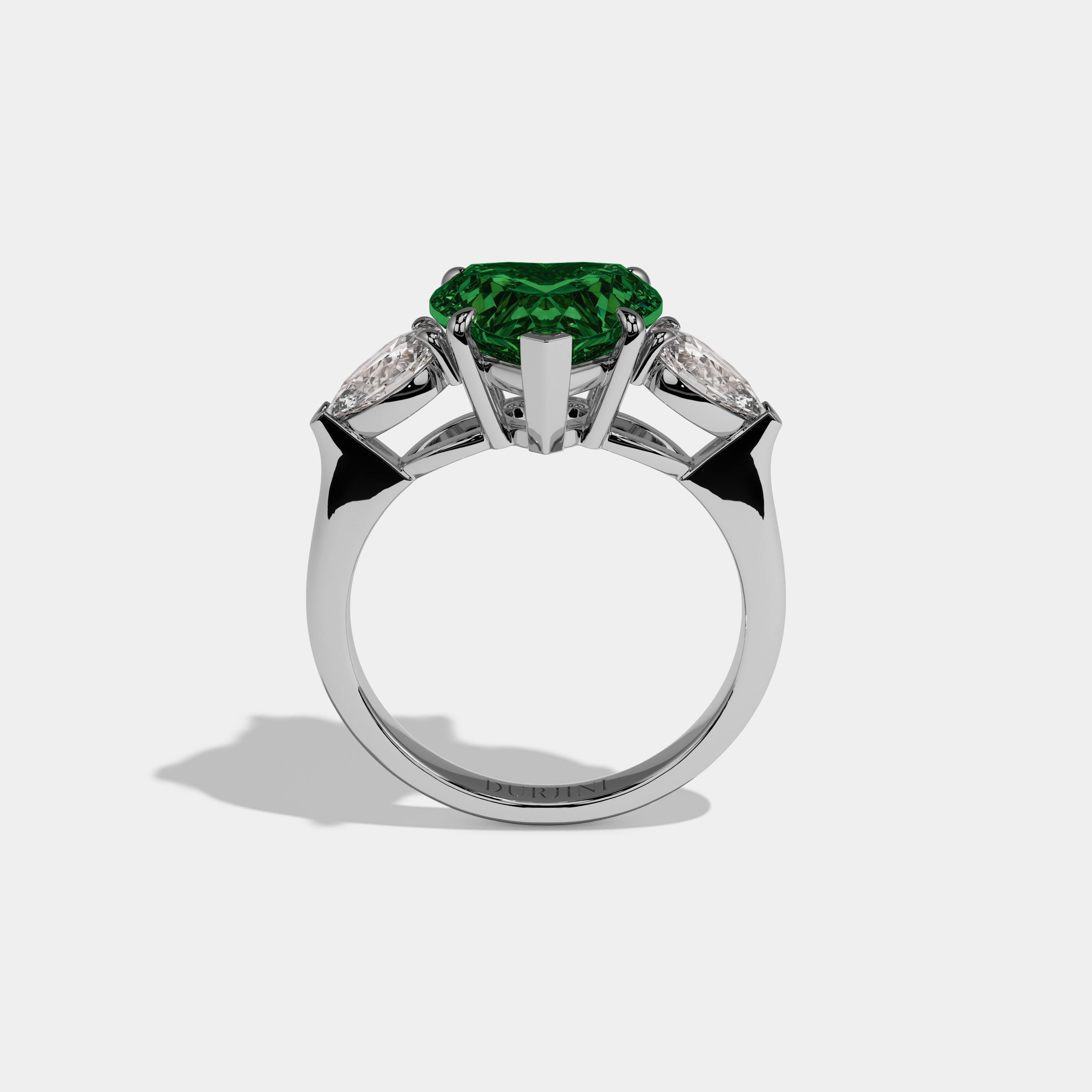 Alexandra Fancy Dark Green Heart Cut Diamond Plain Band With Pear Cut Sides Engagement Ring 8ct 18K White Gold