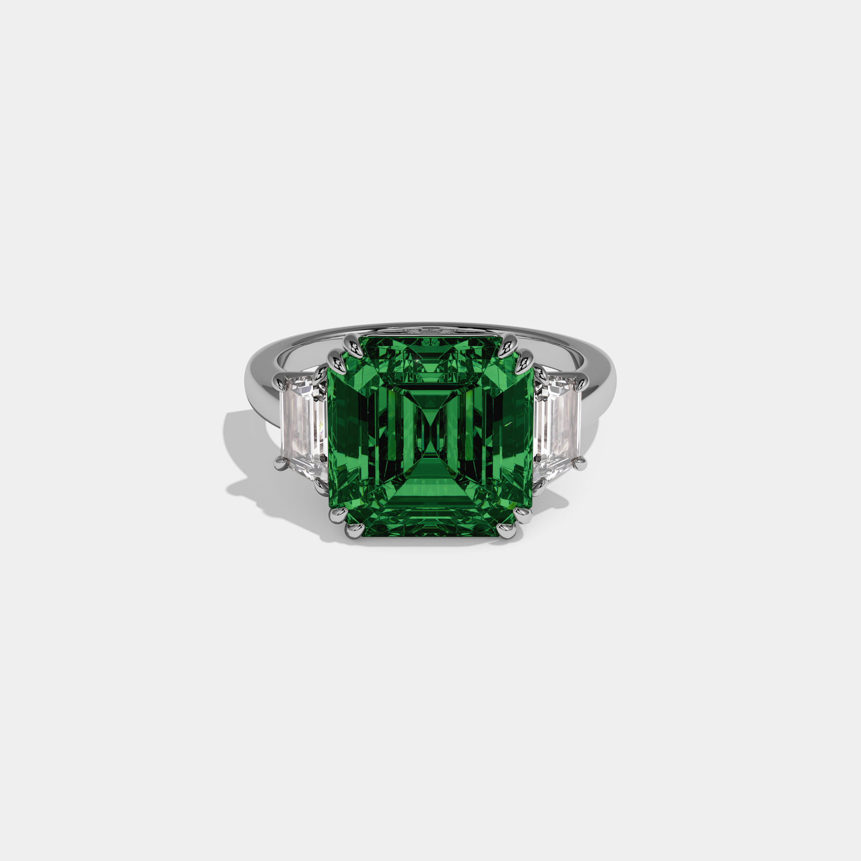 Alexandra Fancy Dark Green Asscher Cut Diamond Plain Band With Step Cut Sides Engagement Ring 8ct 18K White Gold
