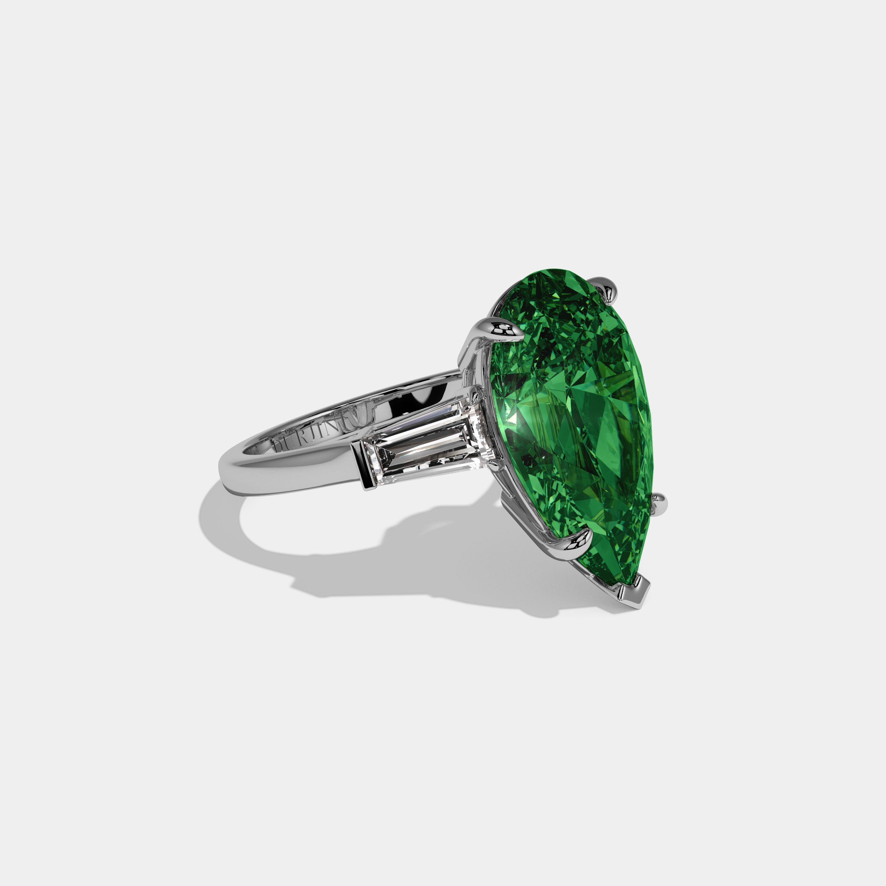 Victoria Fancy Dark Green Pear Cut Diamond Plain Band With Baguette Cut Sides Engagement Ring 8ct 18k White Gold