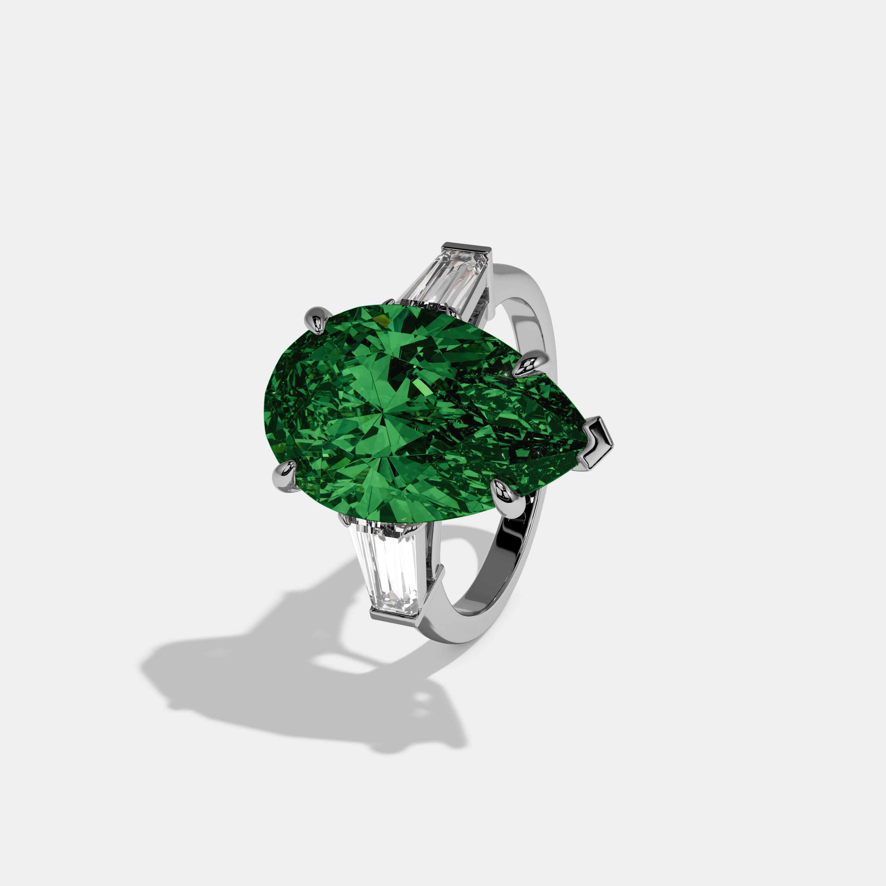 Victoria Fancy Dark Green Pear Cut Diamond Plain Band With Baguette Cut Sides Engagement Ring 8ct 18k White Gold