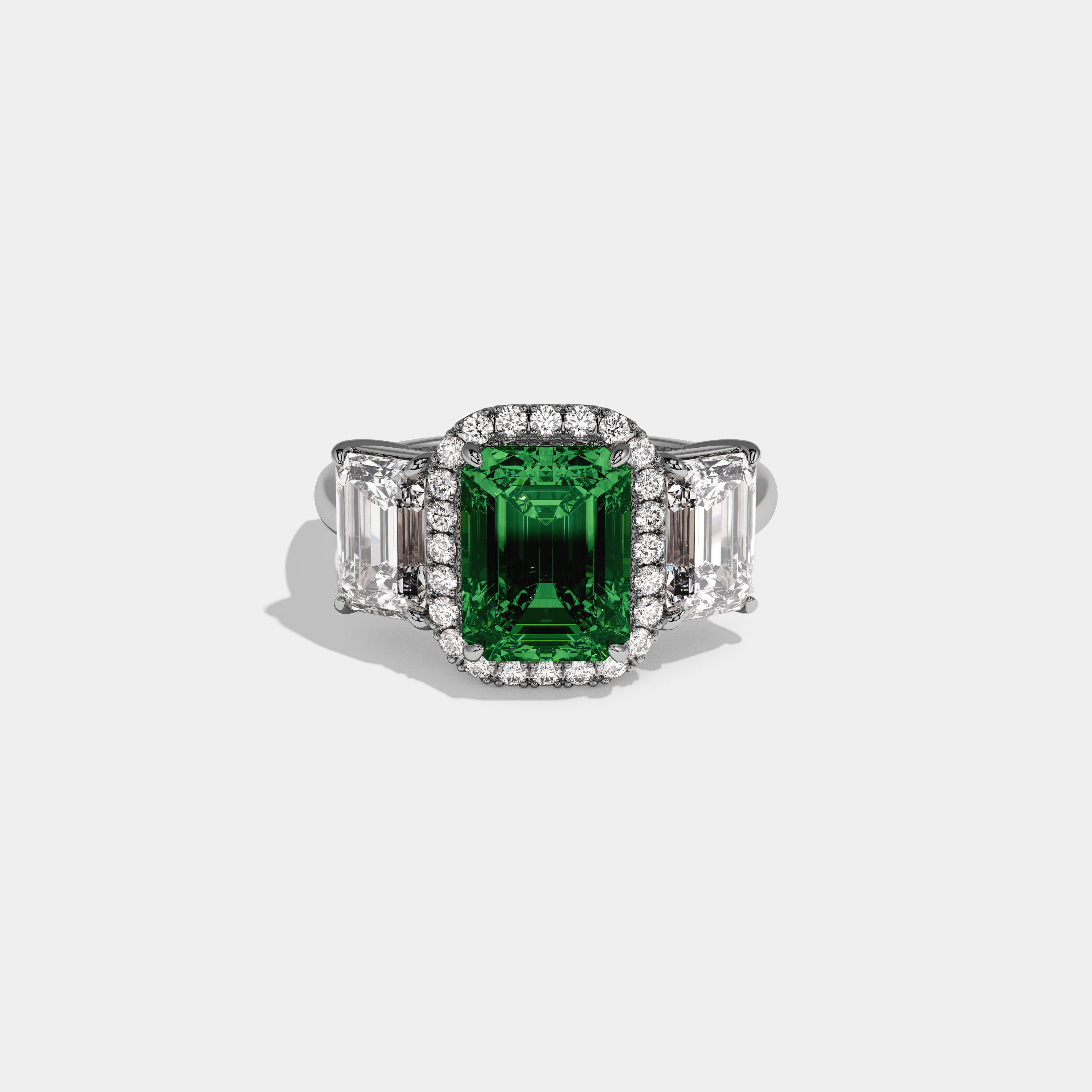 Charlotte Fancy Dark Green Emerald Cut Diamond Plain Band With Emerald Cut Sides Engagement Ring 8ct 18K White Gold