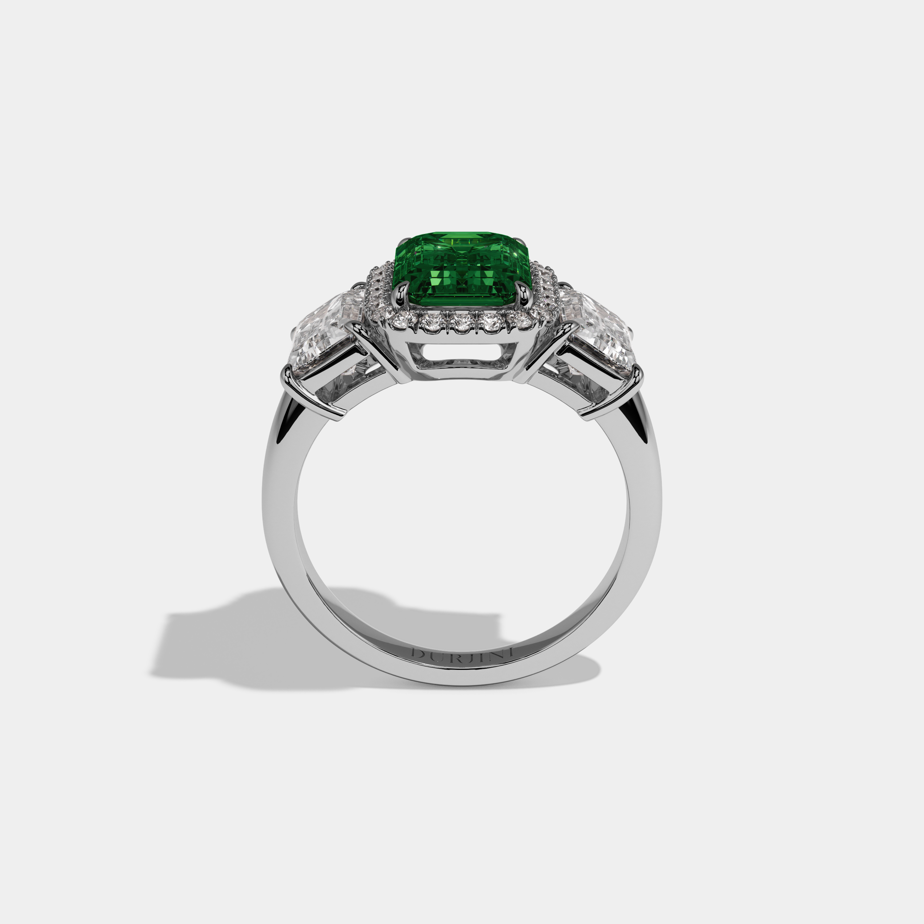 Charlotte Fancy Dark Green Emerald Cut Diamond Plain Band With Emerald Cut Sides Engagement Ring 8ct 18K White Gold