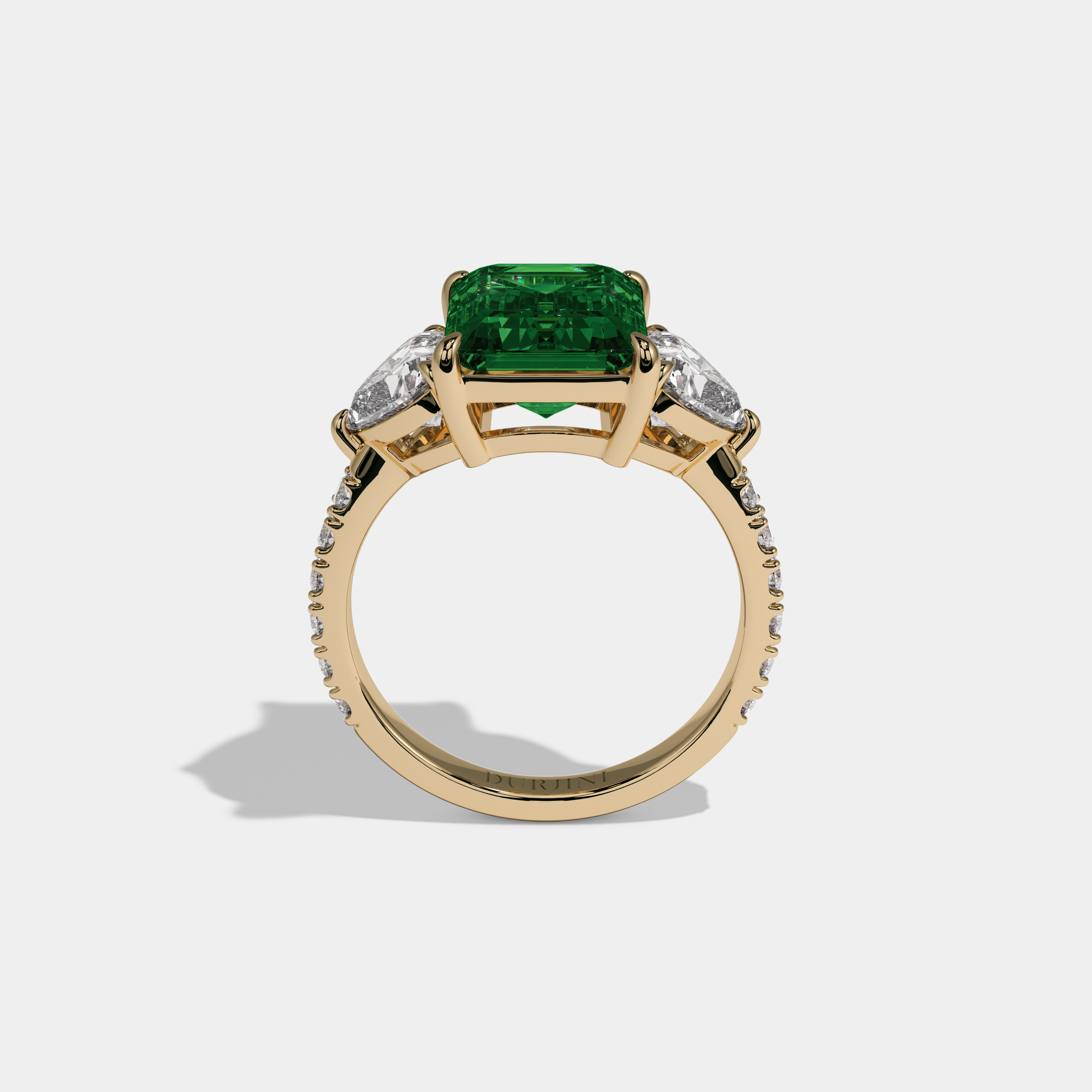 Helena Fancy Dark Green Emerald Cut Diamond Band With Heart Cut Sides Engagement Ring 8ct 18K Yellow Gold