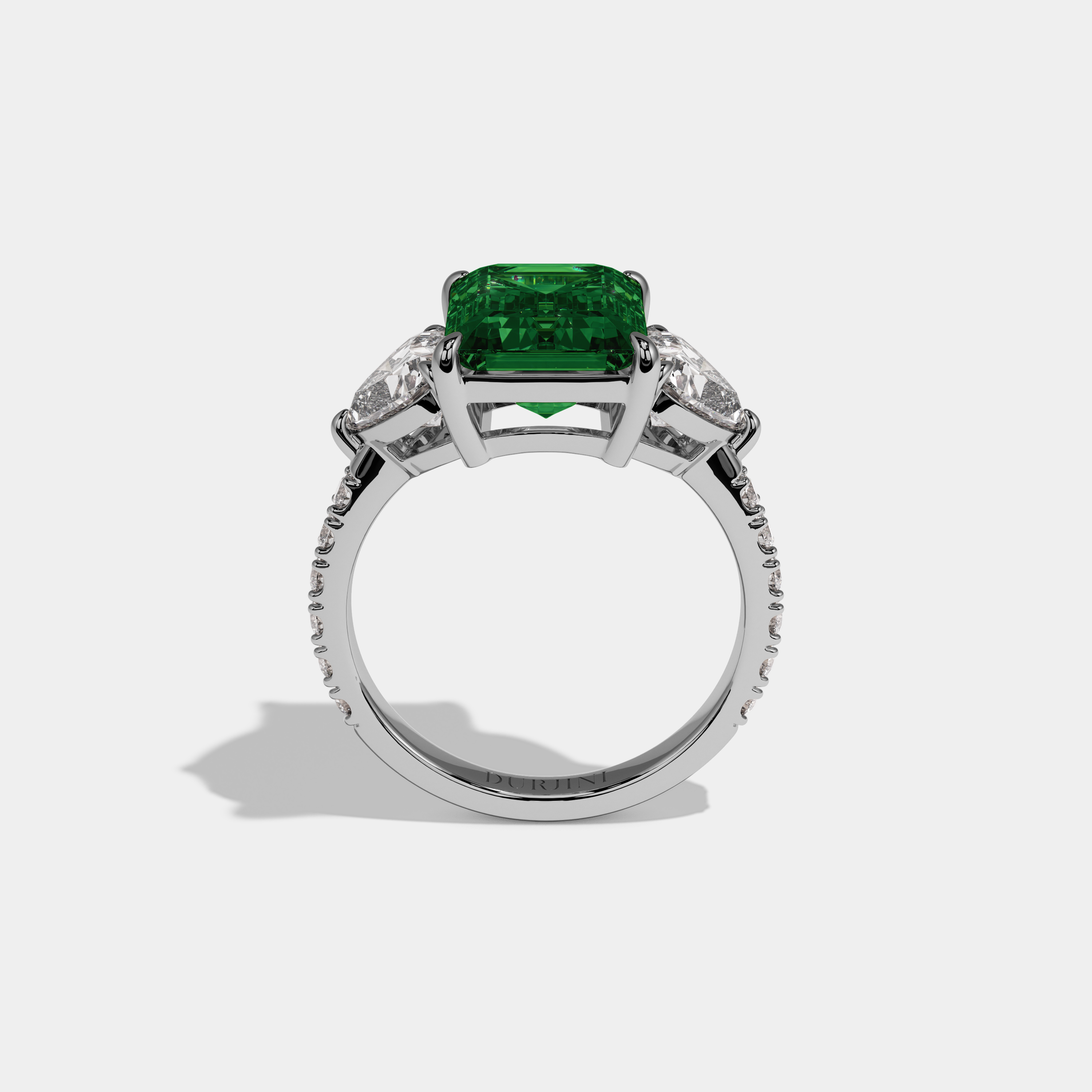 Alexandra Fancy Dark Green Emerald Cut Diamond Band With Heart Cut Sides Engagement Ring 8ct 18K White Gold
