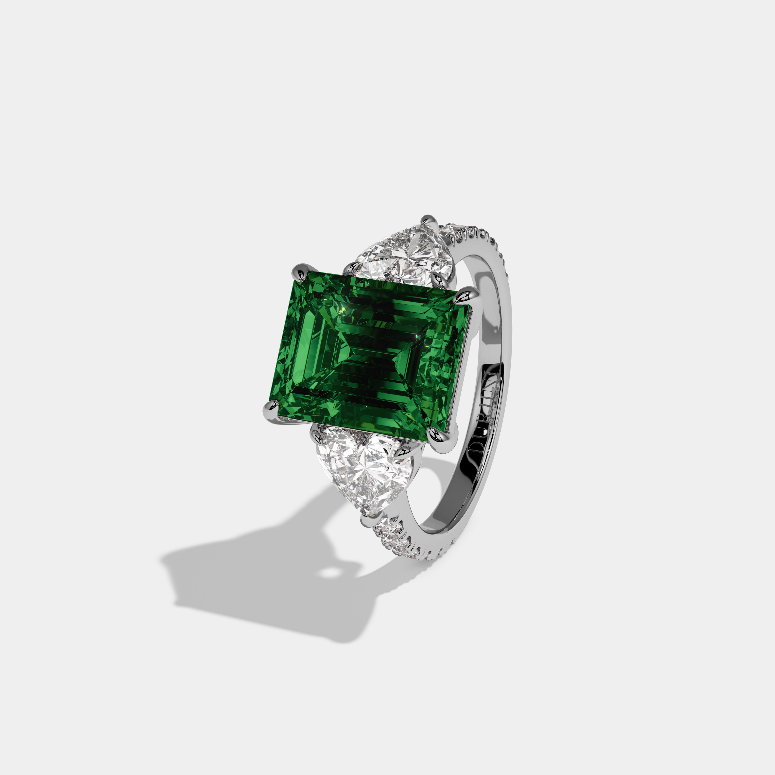 Alexandra Fancy Dark Green Emerald Cut Diamond Band With Heart Cut Sides Engagement Ring 8ct 18K White Gold