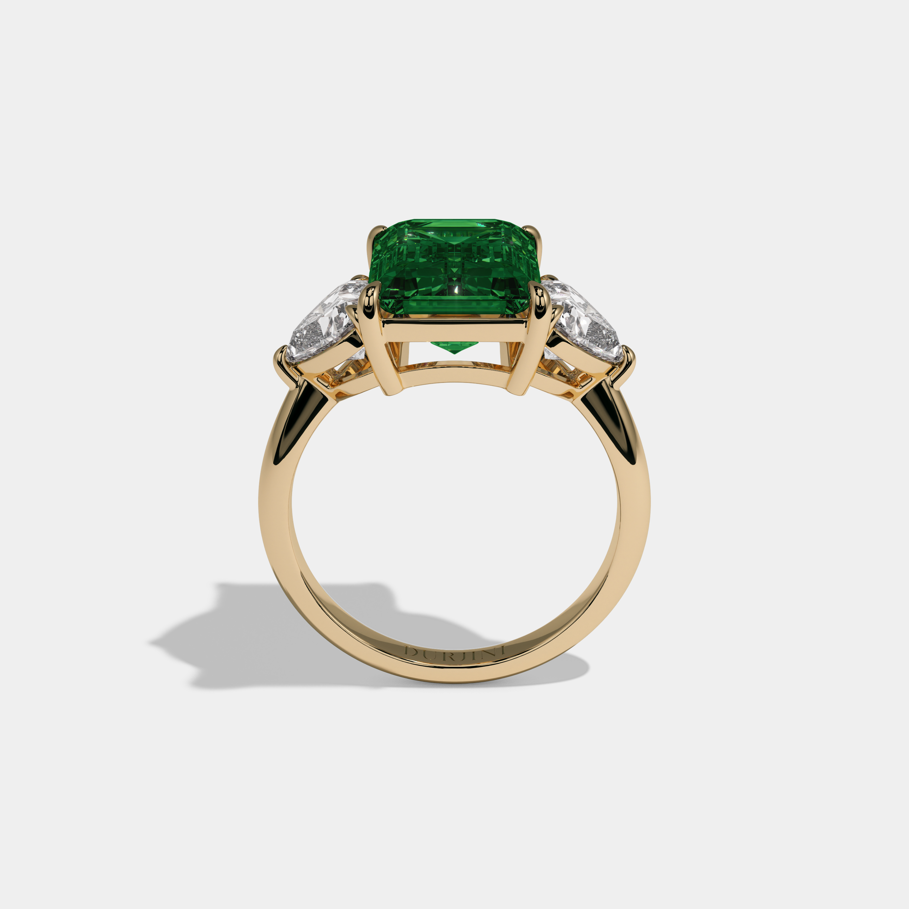 Helena Fancy Dark Green Emerald Cut Diamond Plain Band With Heart Cut Sides Engagement Ring 8ct 18K Yellow Gold