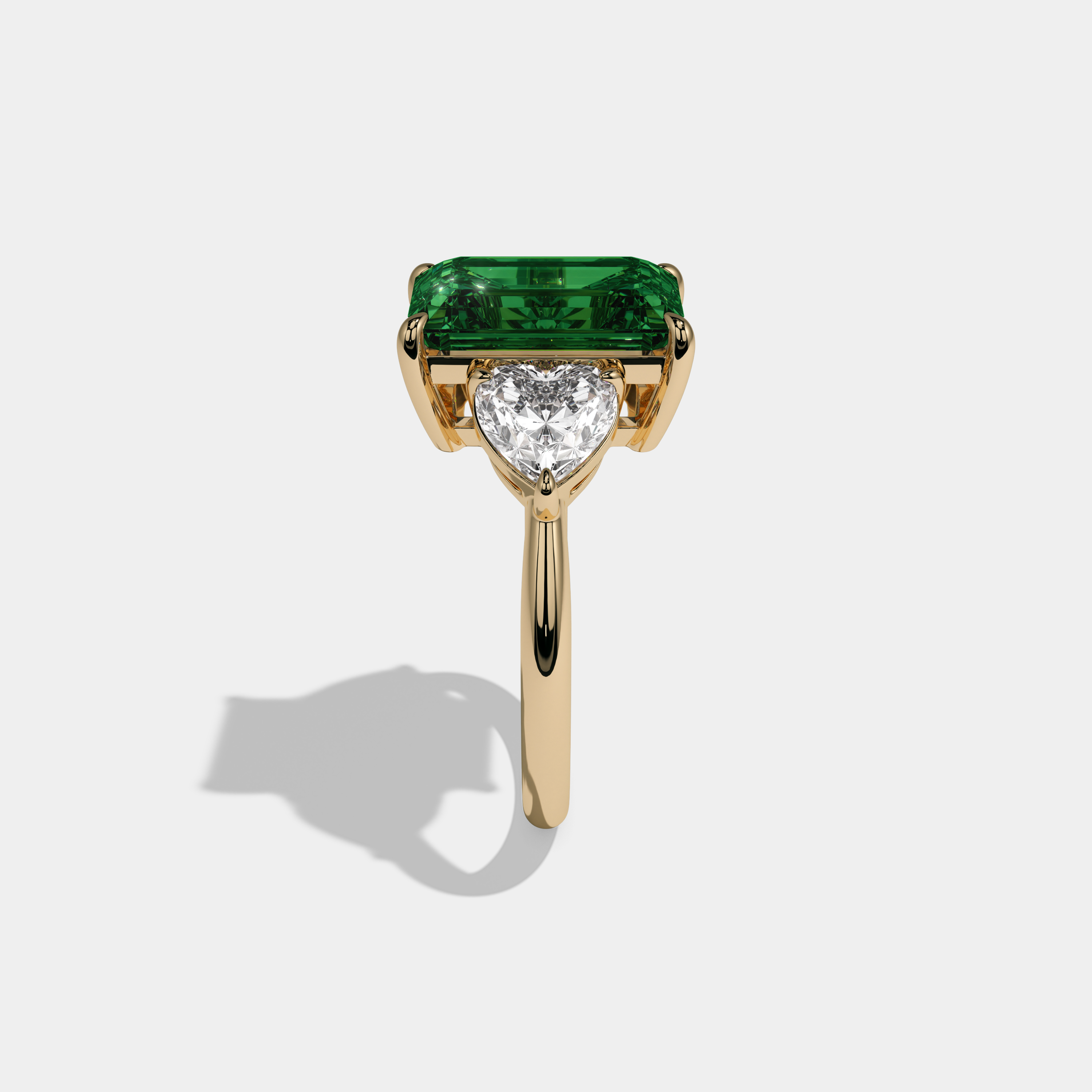 Helena Fancy Dark Green Emerald Cut Diamond Plain Band With Heart Cut Sides Engagement Ring 8ct 18K Yellow Gold