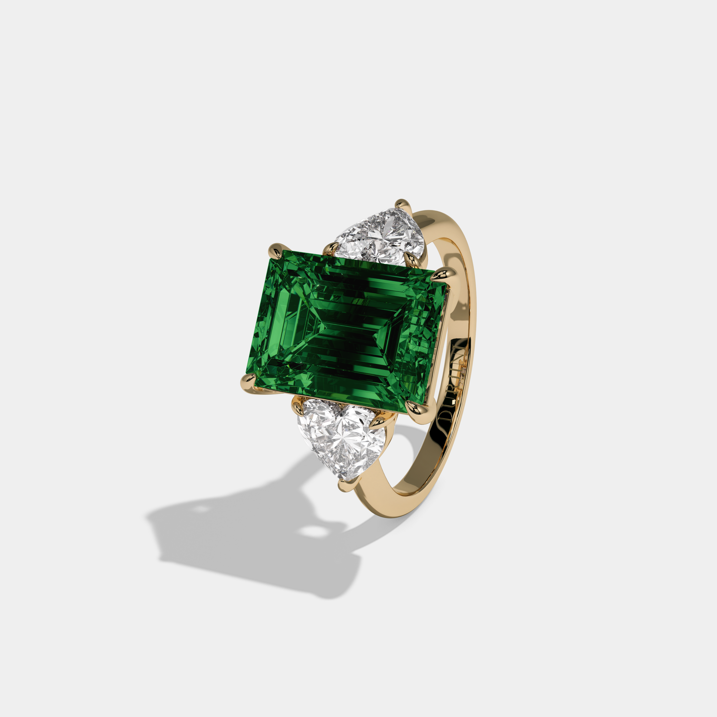 Helena Fancy Dark Green Emerald Cut Diamond Plain Band With Heart Cut Sides Engagement Ring 8ct 18K Yellow Gold