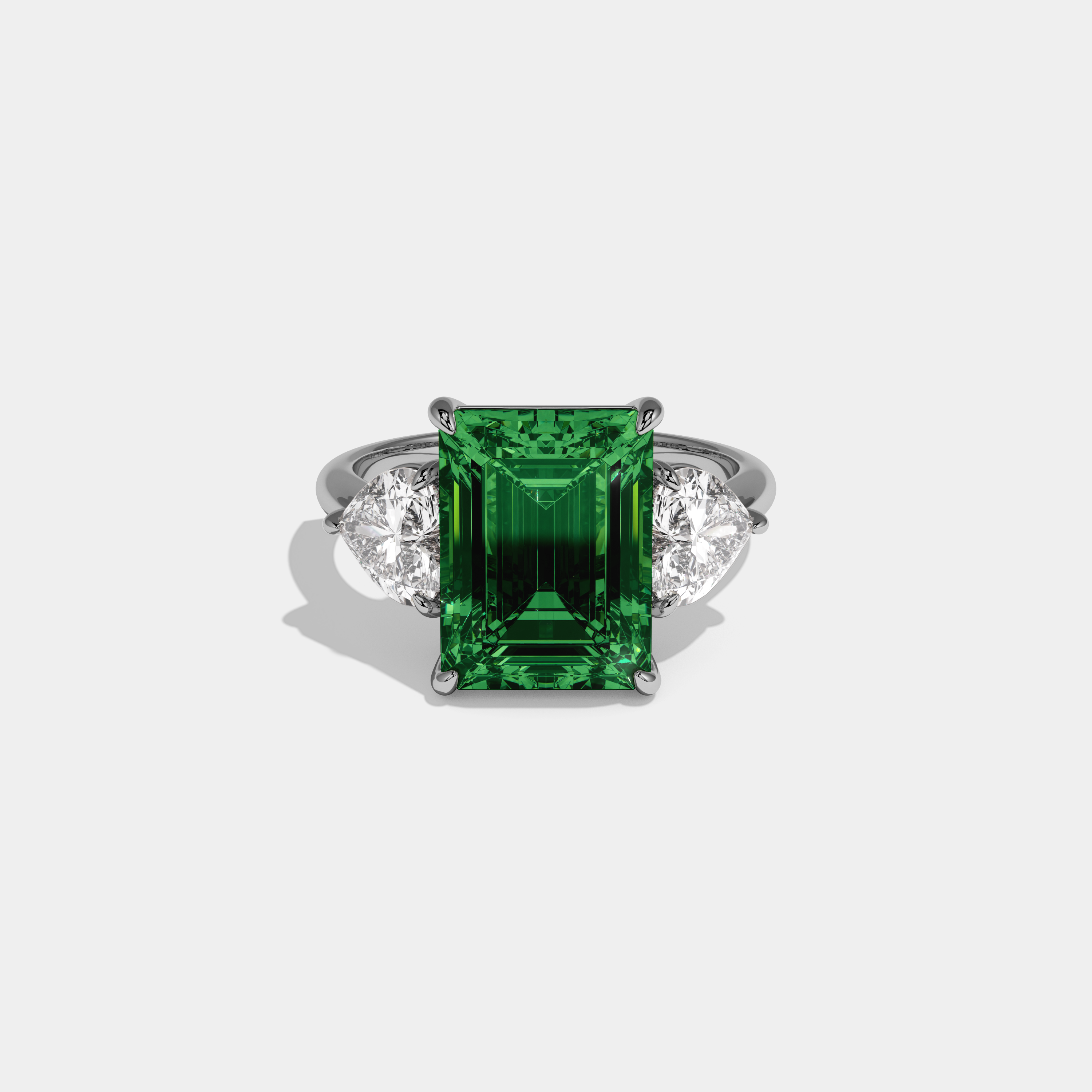 Alexandra Fancy Dark Green Emerald Cut Diamond Plain Band With Heart Cut Sides Engagement Ring 8ct 18K White Gold