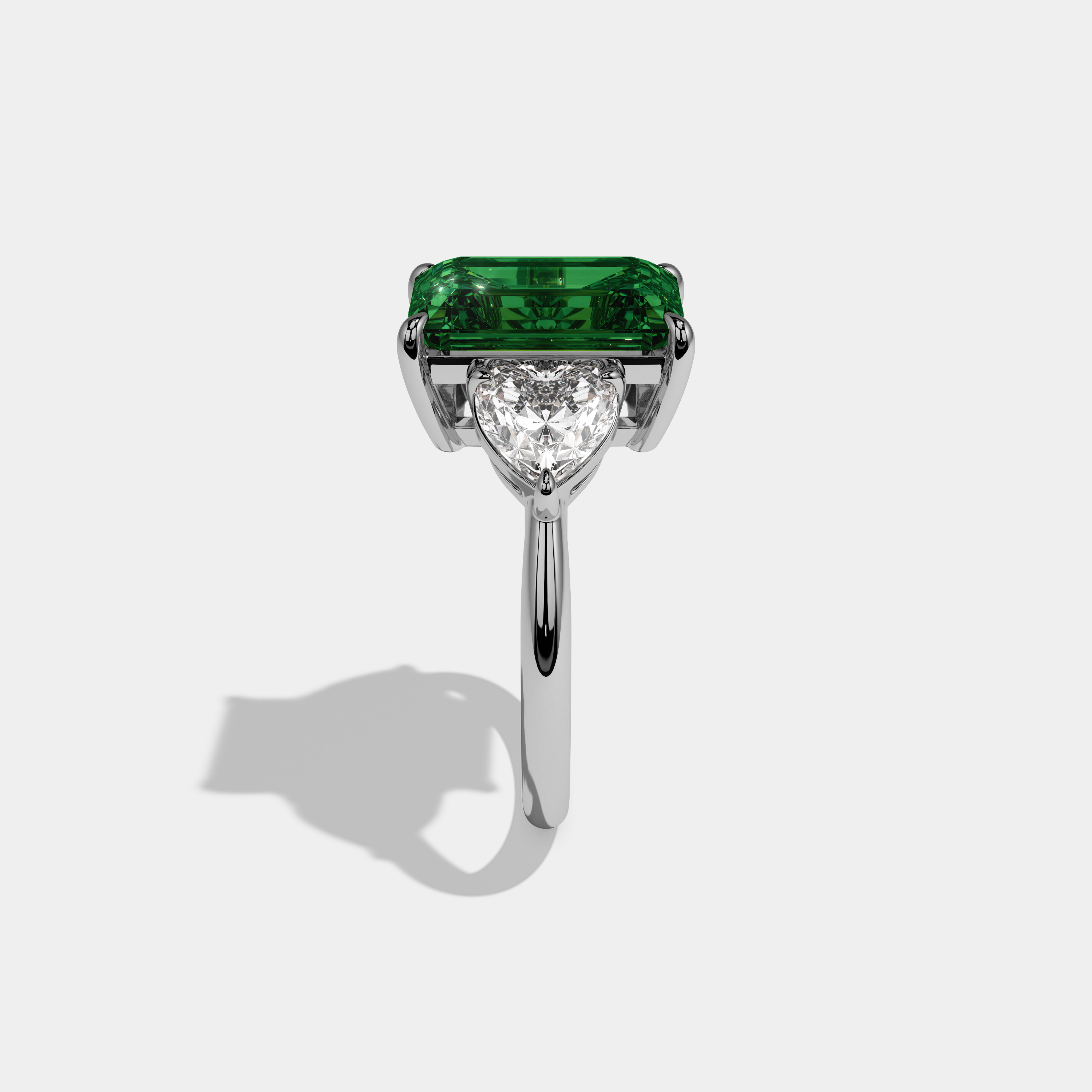 Alexandra Fancy Dark Green Emerald Cut Diamond Plain Band With Heart Cut Sides Engagement Ring 8ct 18K White Gold