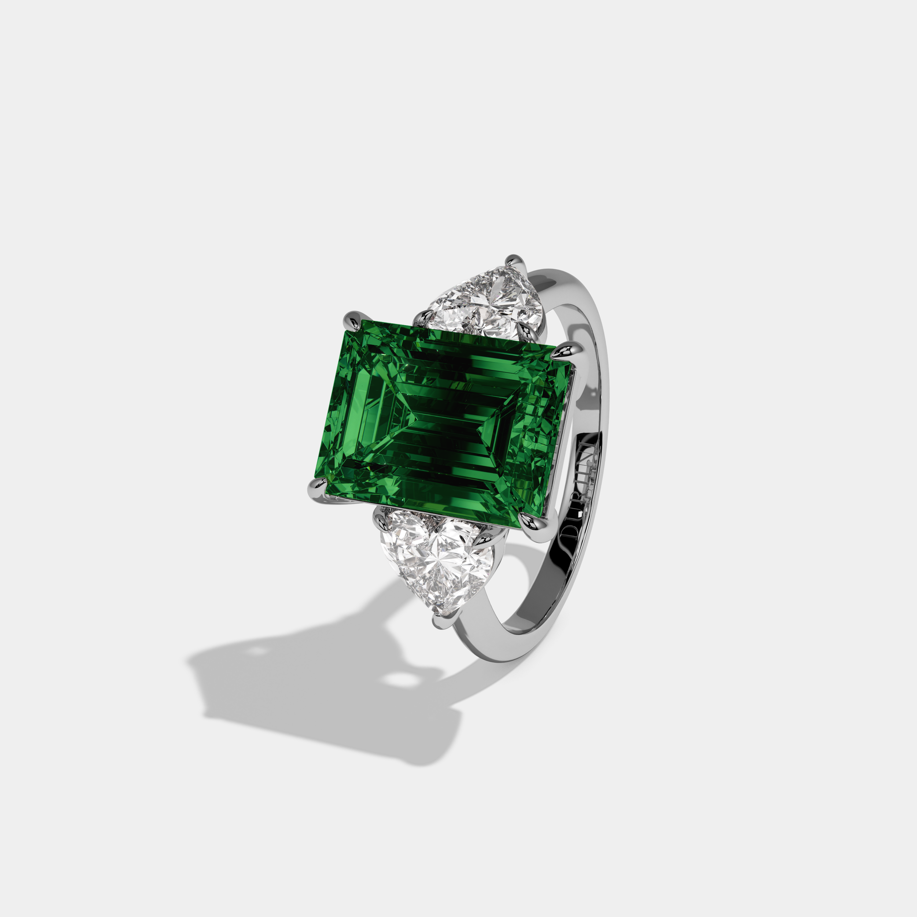 Alexandra Fancy Dark Green Emerald Cut Diamond Plain Band With Heart Cut Sides Engagement Ring 8ct 18K White Gold