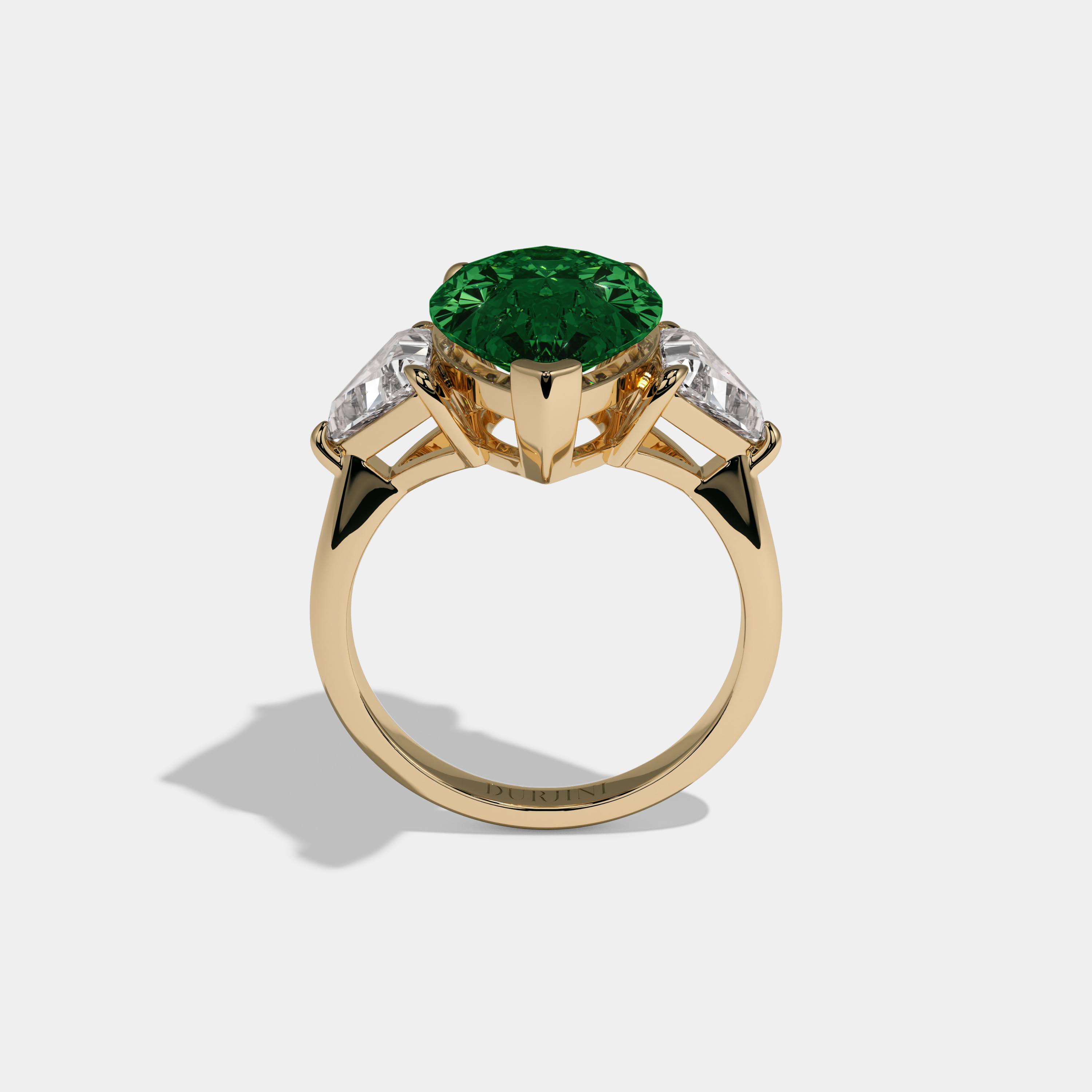 Margaret Fancy Dark Green Pear Cut Diamond Plain Band With Triangle Cut Sides Engagement Ring 8ct 18K Yellow Gold